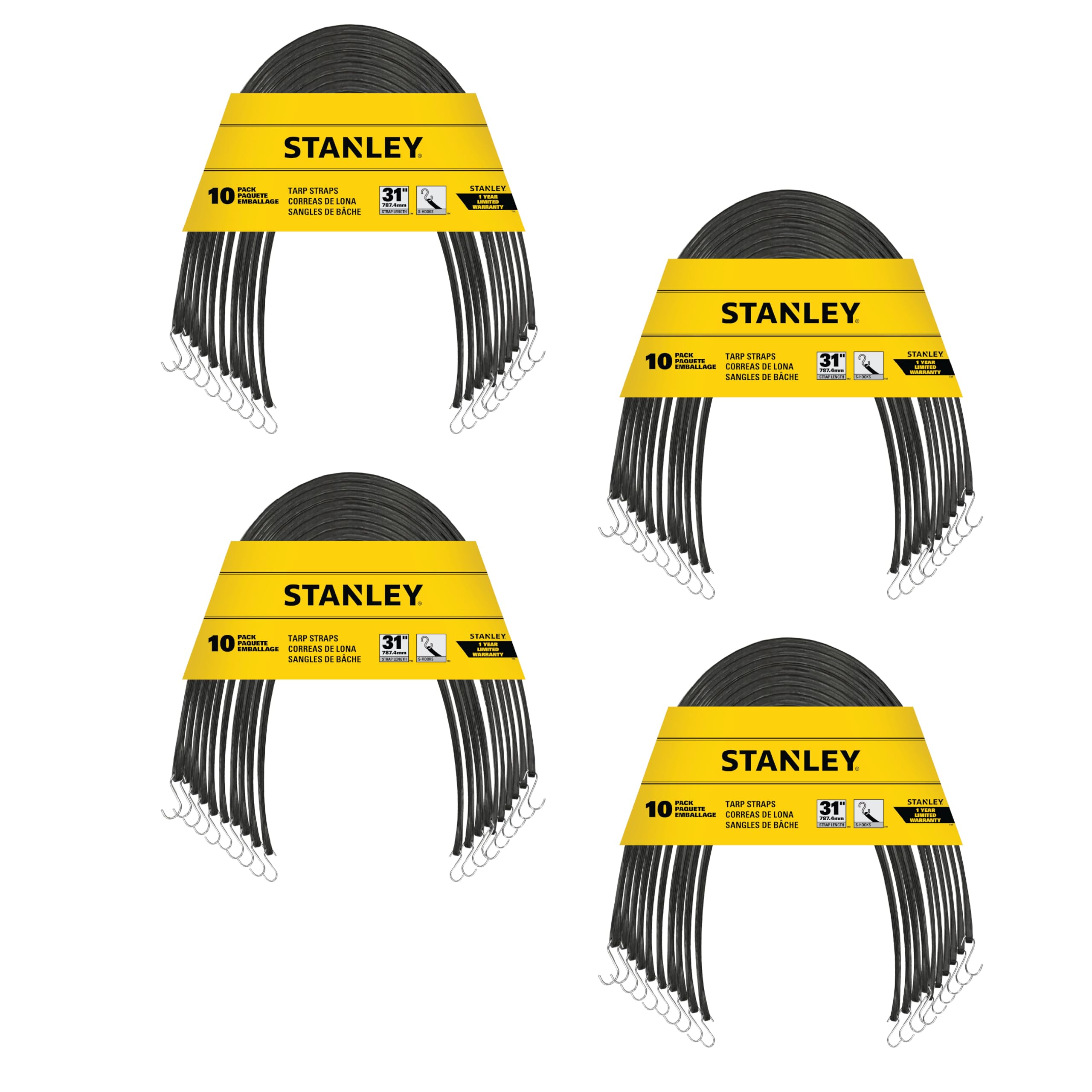 STANLEY S300431 Lot de 40 tendeurs élastiques en Caoutchouc pour Bateau, Camping, Support de Cargaison, Noir, 78,7 cm
