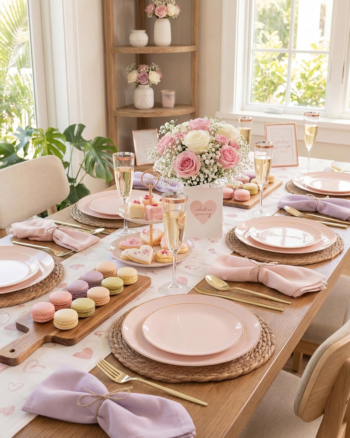 PULOTE 100PCS Pink Plastic Plates - Heavy Duty Pink and Gold Disposable for Party, Wedding, Valentines & Galentines Day, Include 50 Each (Dinner & Dessert) Plates