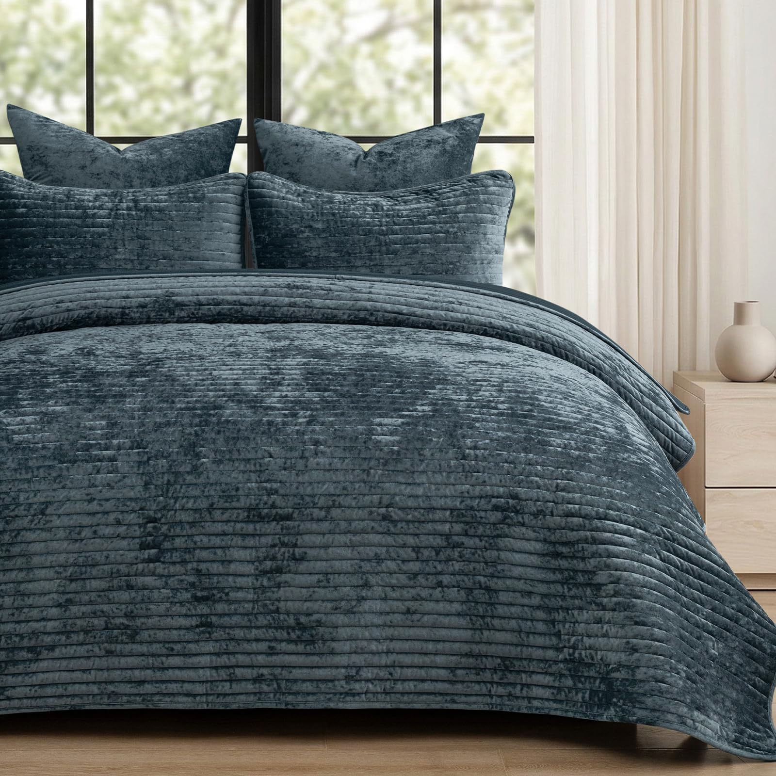 phf luxury velvet quilt set king size - 3pcs ultra soft quilted comforter alternative with striped channel, cozy quilted bedspread, 1 coverlet with 2 matching shams, 108" x 92", stormy blue