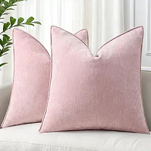 decorUhome Couch Throw Pillow Covers 18x18 Set of 2, Decorative Soft Euro Neutral Chenille Pillow Covers with Elegant Design for Sofa Bed Living Room Home Decor, Blush Pink