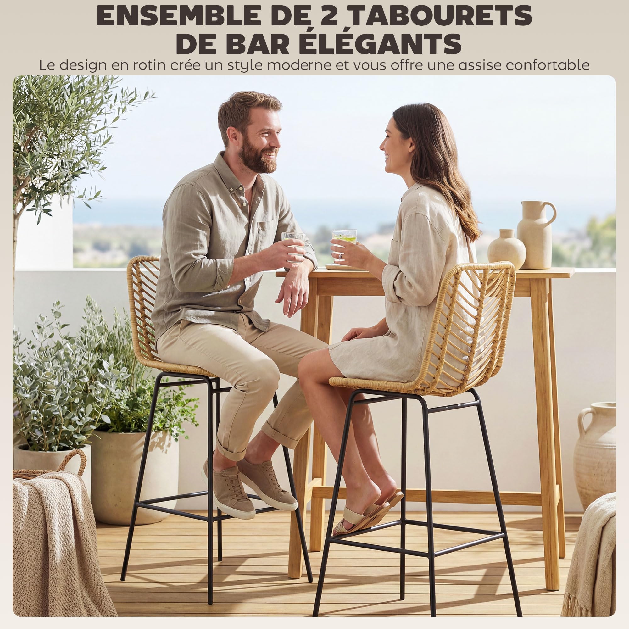 HOMCOM Lot de 2 Tabourets de Bar, Chaises de Bar, Assise 66H cm, Dossier en Cannage et Repose-Pieds, Cadre en Acier, Design Bohème, Chaises Hautes Cuisine, Salle À Manger, Comptoir, Jaune