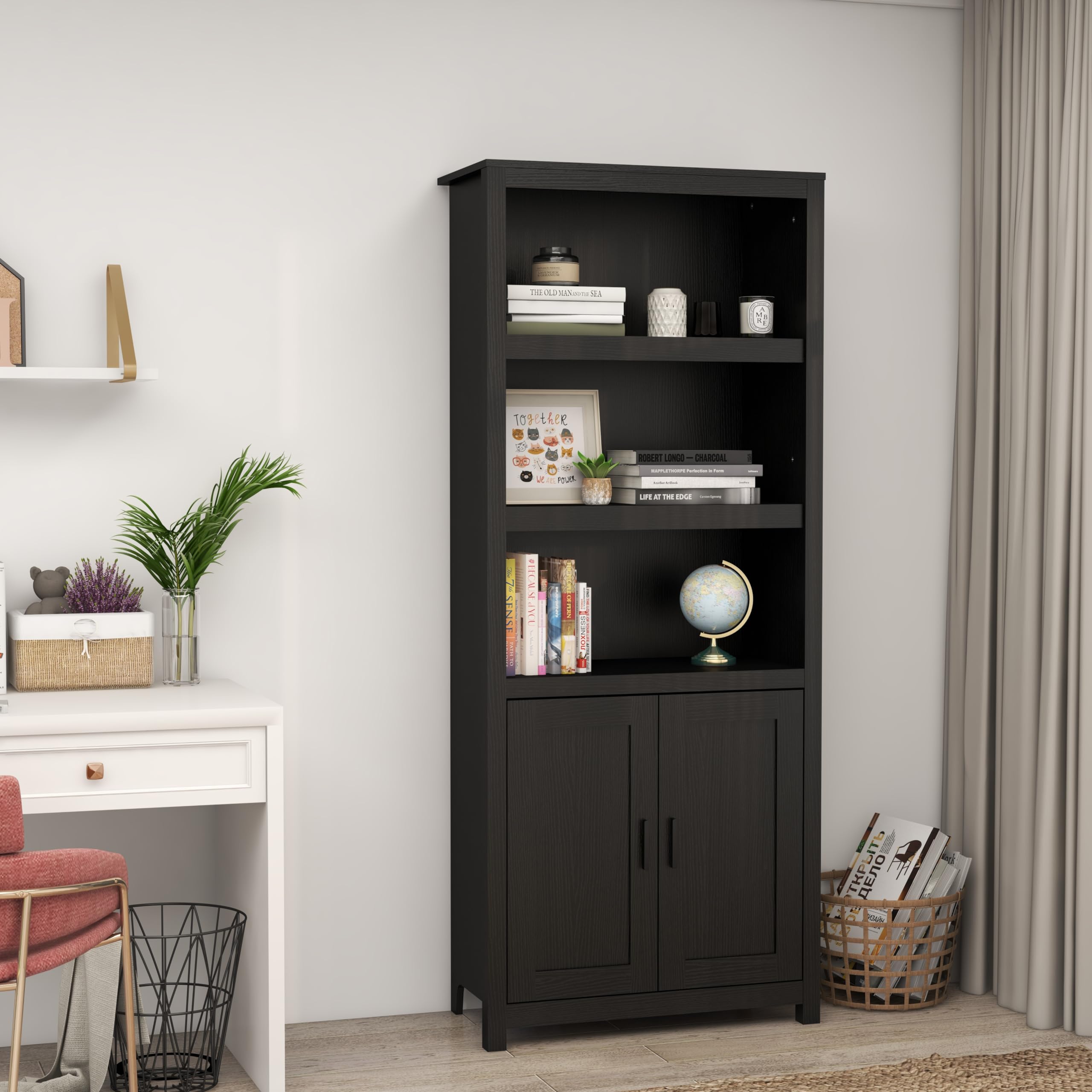 Panana 6 Tier Wooden Bookshelf With 2 Doors, Tall Bookcase, Storage Cupboard, And Display Unit For Organizing Books Stylish & Practical Free Standing
