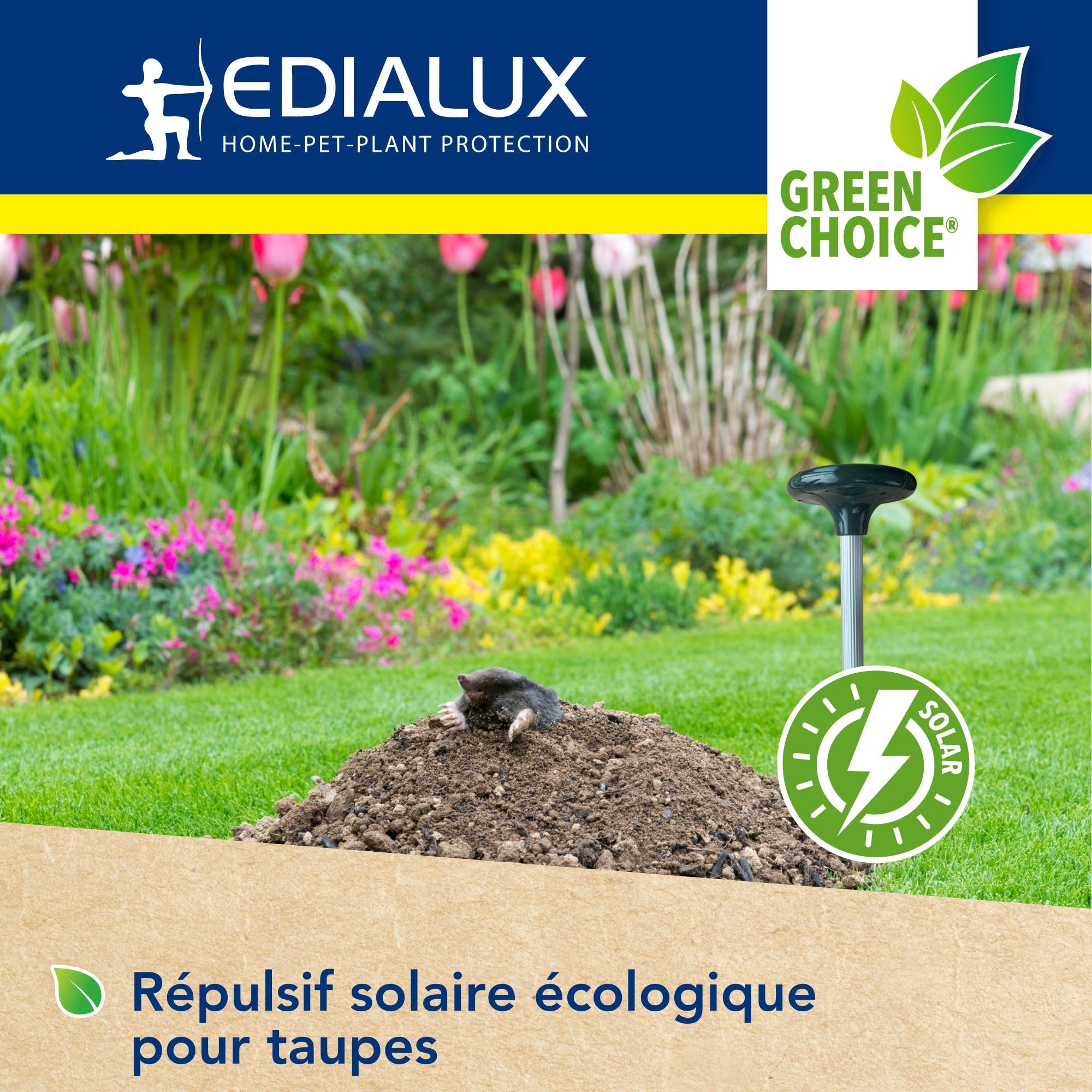 Edialux Répulseur Solaire pour Taupes avec Sons et Vibrations système répulsif ultrasonique écologique pour Jardin Protection Jusqu’à 350 m² résistant aux intempéries