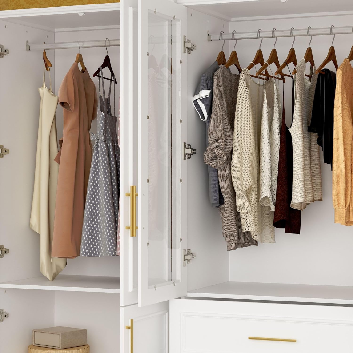 Almirah for Clothes Combination, White Wardrobe Closet Bedroom Storage Cabinets with Tempered Glass Doors and Shelves, Armoire with Drawers, Large Standing Wardrobe Storage Closet for Bedroom