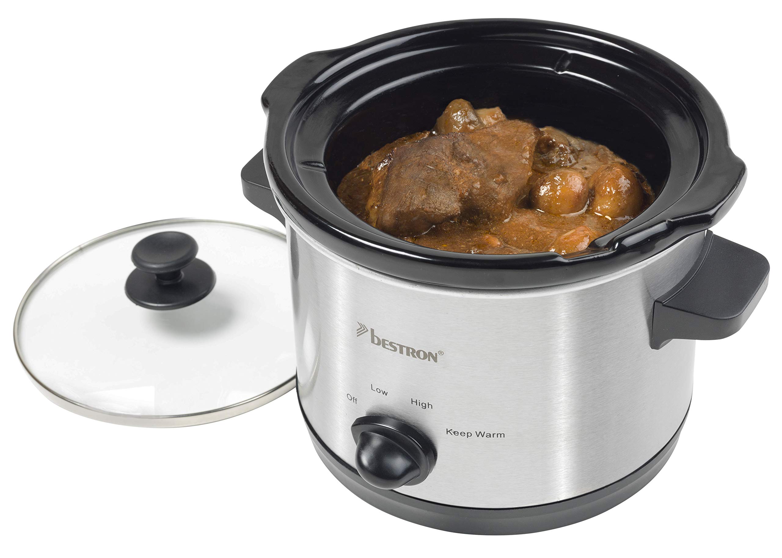 Bestron Slowcooker dla 2 osób, wolnowar z patelnią ceramiczną i szklaną pokrywką, 3-stopniowy termostat, idealny do wielu potraw, takich jak mięso, zupy i warzywa, 1,5 litra, kolor: srebrny