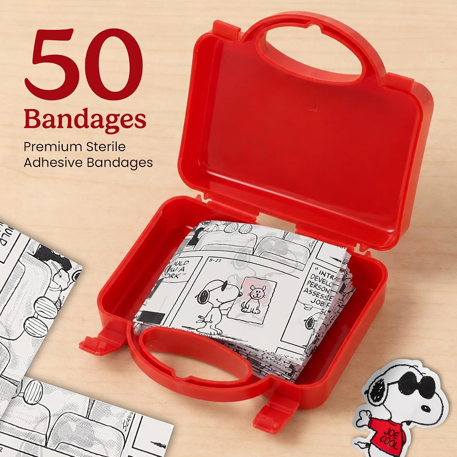 AQUARIUS Peanuts Snoopy Joe Cool Bandages 50 Piece Mega-Pack - Latex-Free for Kids | Sterile First aid Essentials for School, Home, classrooms and Travel image 2