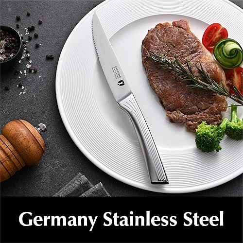 Miniatura 2 de KINGSTONE Juego de 6 cuchillos de carne de 5 pulgadas de acero inoxidable alemán dentado con caja de regalo, aptos para lavavajillas (6, plateado)