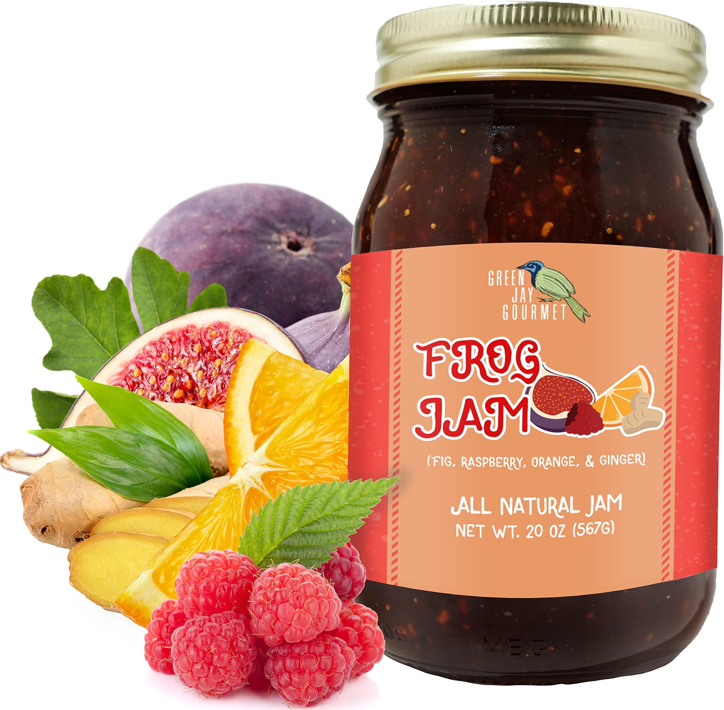 Green Jay Gourmet FROG Jam - All-Natural Raspberry Jam with Figs, Red Raspberries, Orange Juice & Ginger - Vegan, Gluten-free Fruit Jam - Contains No Preservatives - Made in USA - 20 Ounces