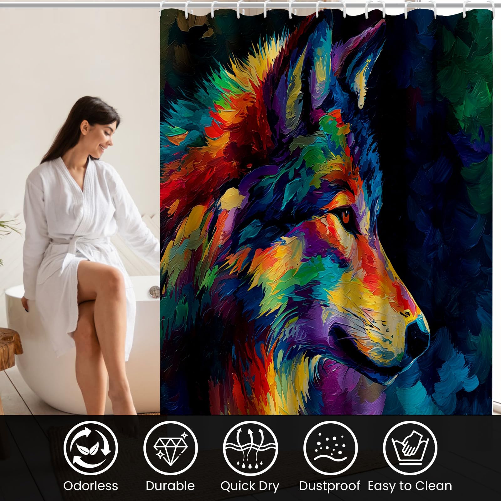 Wasserdichter Duschvorhang Polyester mit Gekritzel Wilder Tiere Abstrakter Wolf, Badewanne Badezimmer Vorhang 240x200cm, Waschbar Einfach zu Reinigen, Dunkelblau Duschvorhänge mit 12 Haken