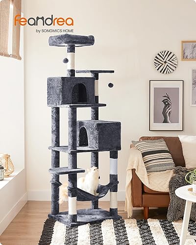 Miniatura 2 de Feandrea - Árbol para gatos de varios niveles para interiores, torre para gatos tipo condominio con 4 postes para rascar, 2 posaderos, hamaca y Gris