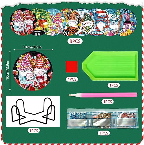 Miniatura 2 de Kit de 8 posavasos de pintura de diamante con soporte, posavasos de gnomo 5D de diamante, manualidades de arte de diamante, posavasos de diamante