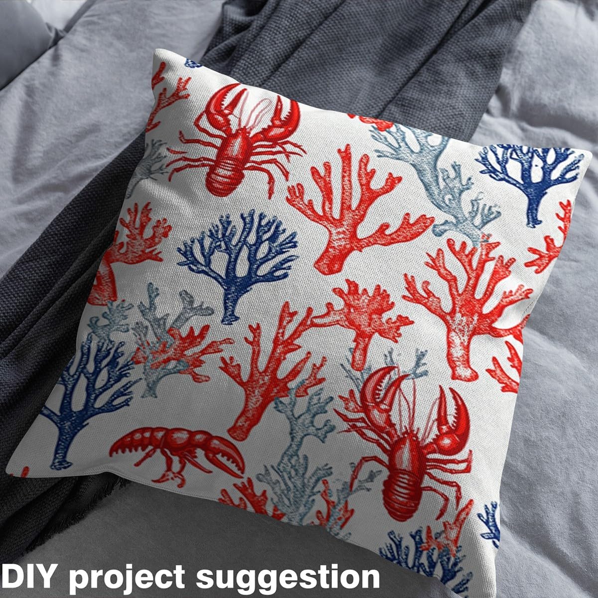 Lobster Fabric, Nautical Anchor Upholstery Fabric By The Yard, Ocean Animals Wild Coral Decor Fabric, Underwater World Oasis Indoor Outdoor Fabric, Marine Life Waterproof Fabric, Red Blue, 5 Yards