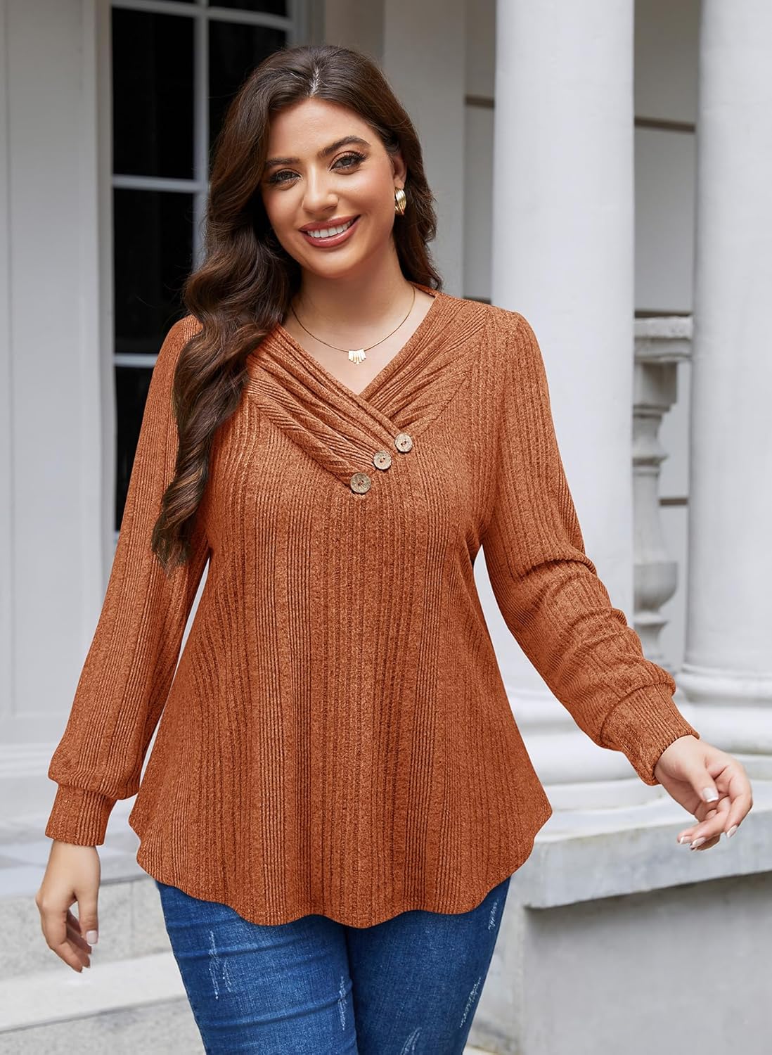 Siddhe Plus Size Womens Sweater Long Sleeve V Neck Tops for Women Button Casual Loose Knit Tunic Fall Winter XL-5XL - Image 2