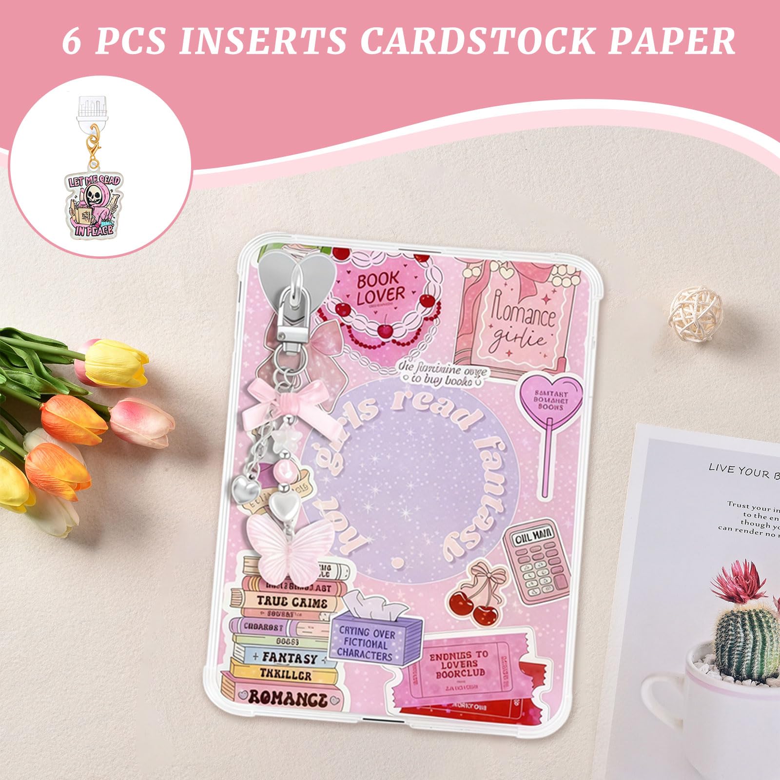 Set Decorativo Rosa VelvetGlow 6 Inserti e 2 Ciondoli in Perla per Custodia E-Reader Compatibile con Paperwhite 11ª/12ª Gen