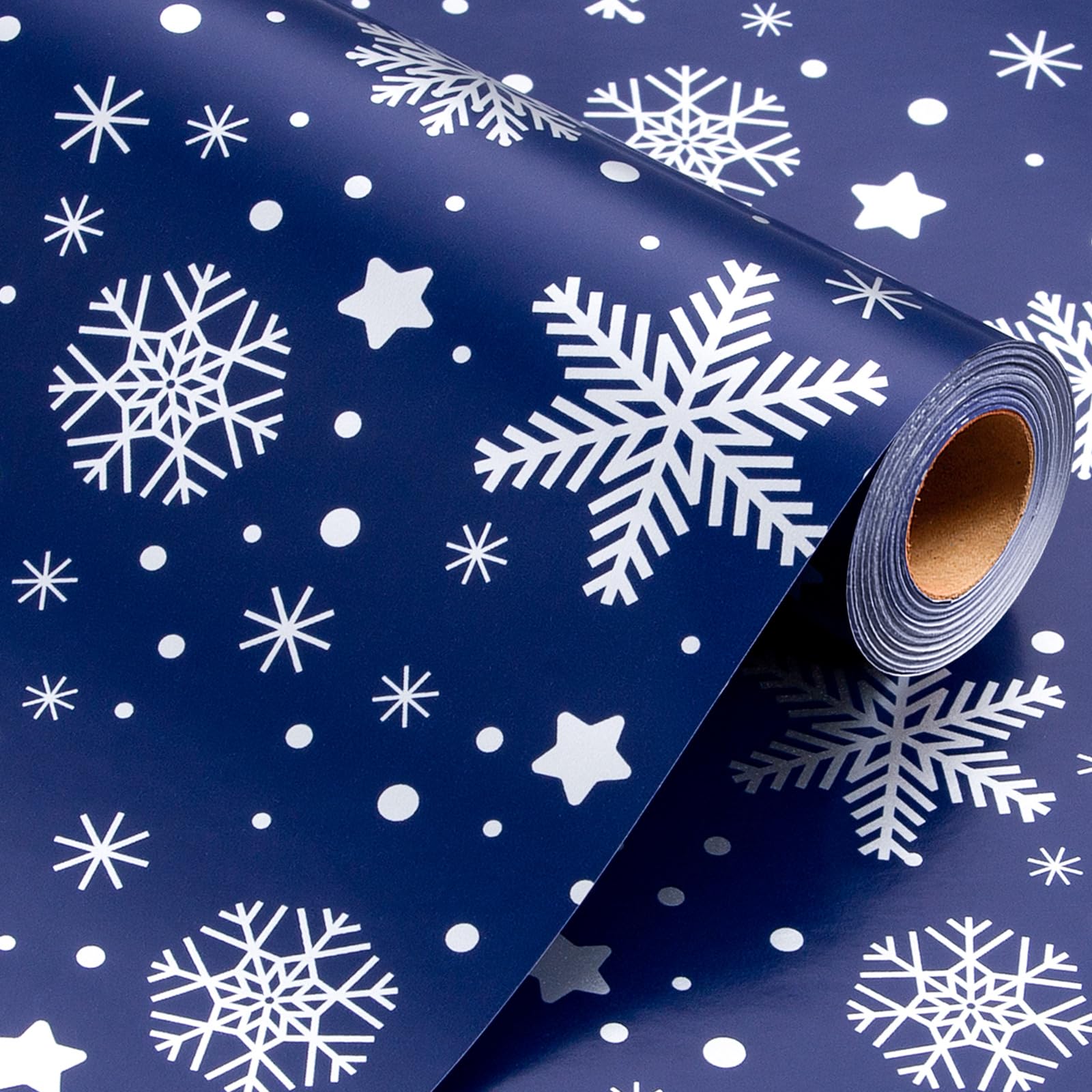 Wikadlik Christmas Wrapping Paper - Mini Roll - Elegant Navy Blue White Snowflakes Gift Wrap for Winter Holiday Festive Party - 43cm x 10m โ image 1
