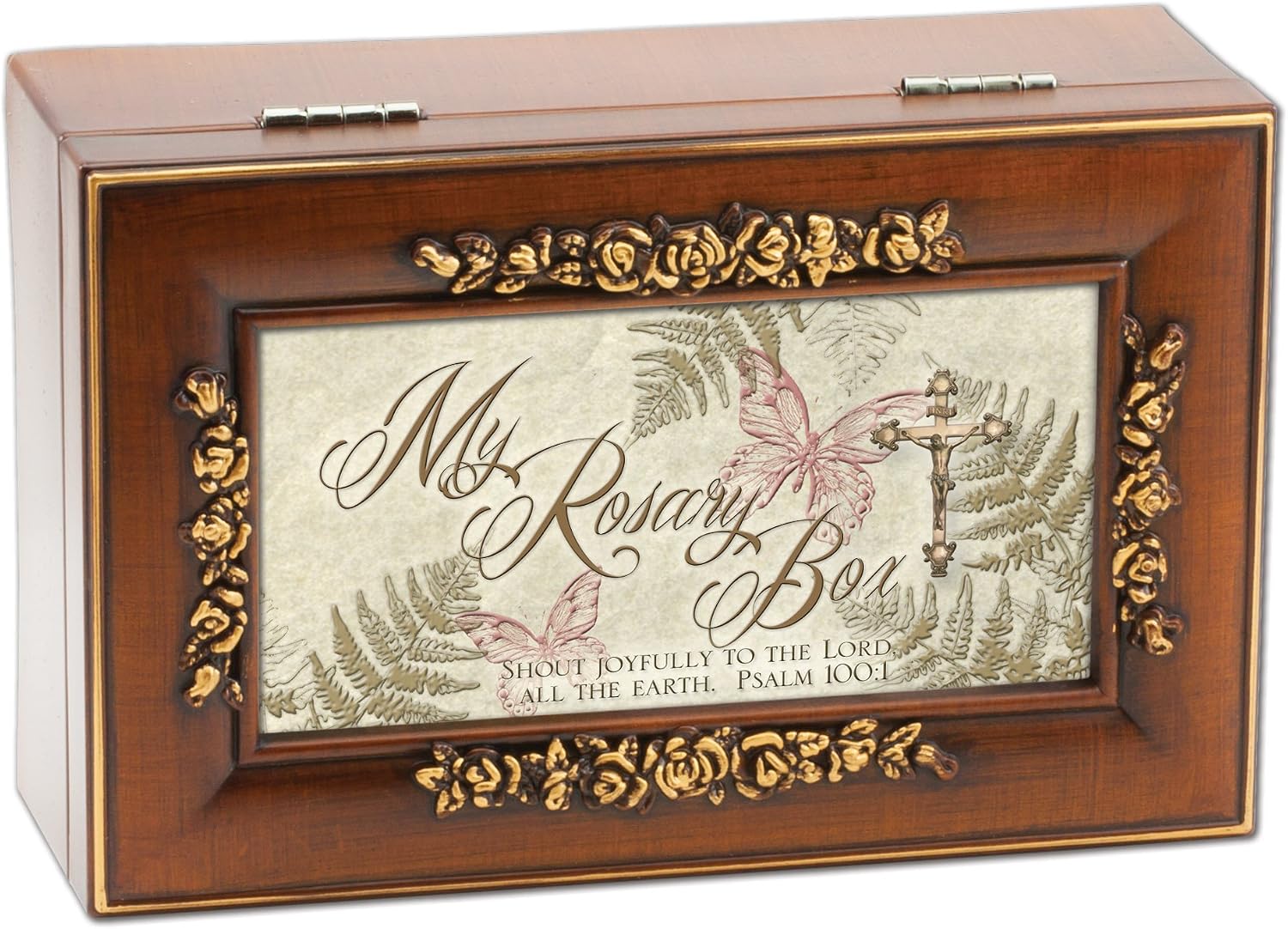 Cottage Garden Rosary Box Woodgrain Embossed Jewelry Music Box Plays Ave Maria
