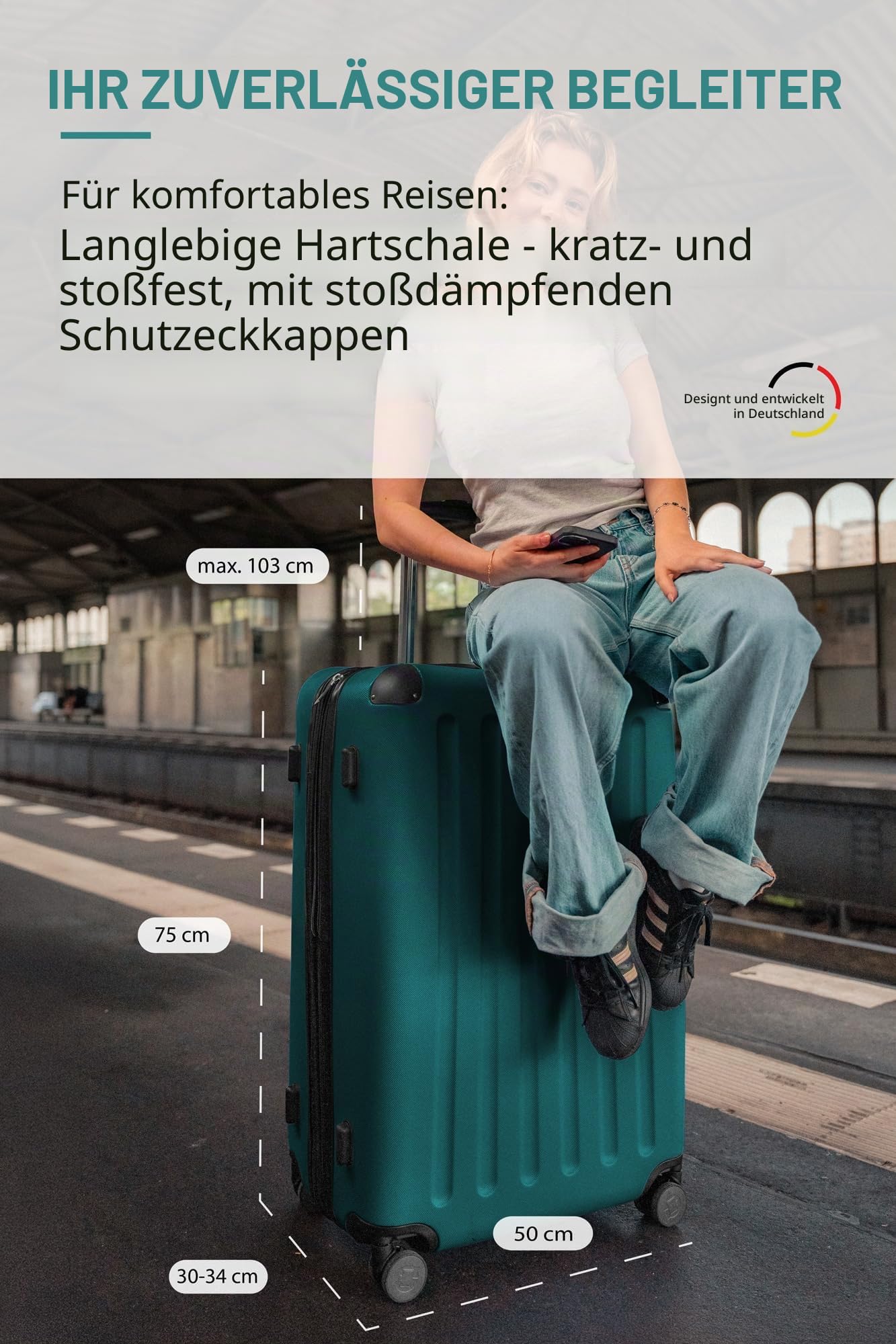Hauptstadtkoffer Spree - Großer Hartschalen-Koffer + Digitaler Kofferanhänger, TSA, 4 Doppel-Rollen, Trolley, Rollkoffer, Reisekoffer, Volumenerweiterung, 75 cm, 119 Liter, Aquagrün