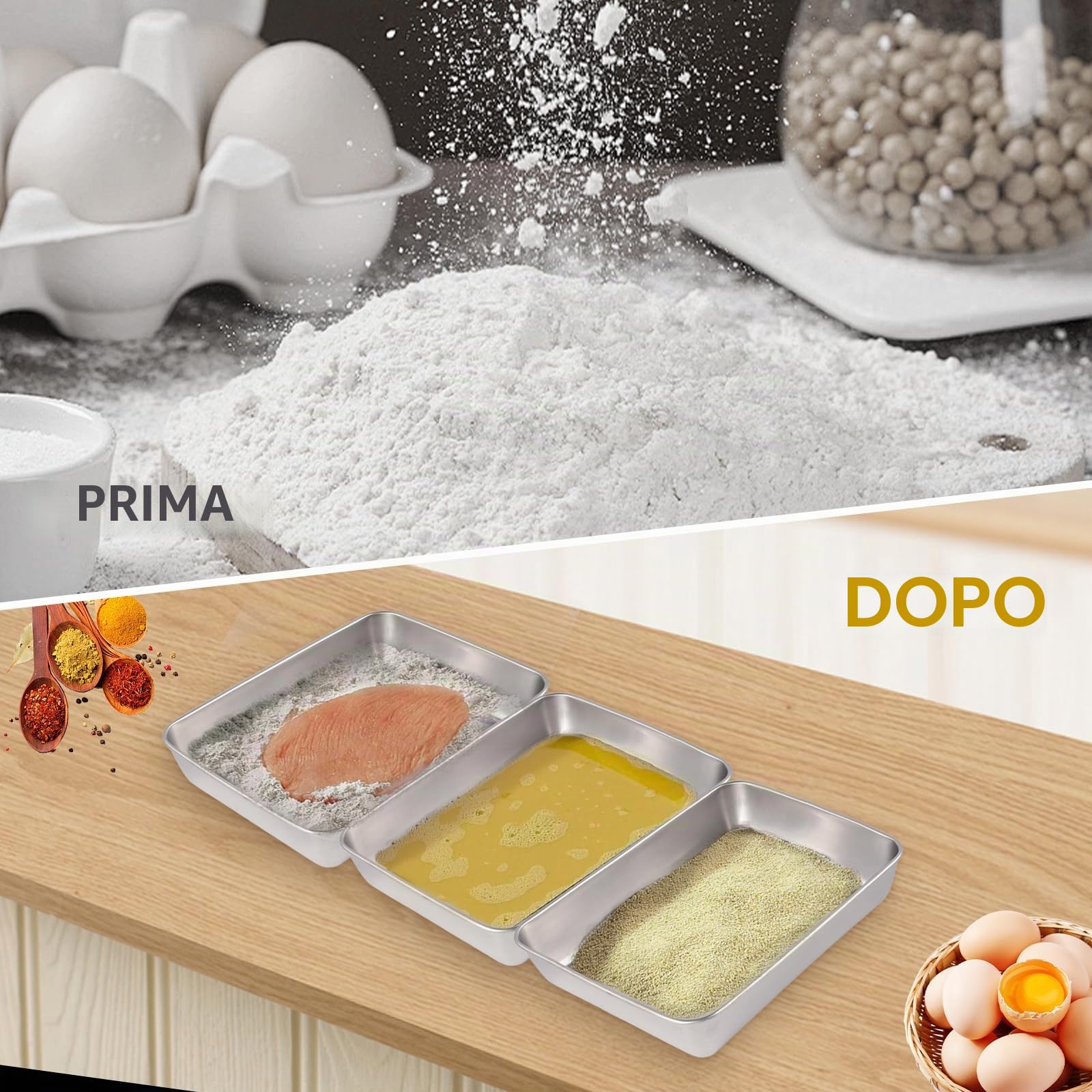 Set di 3 Vassoi Rettangolari in Acciaio Inox,Ciotole per Impanare,Teglie per Impanatura in Acciaio Inox,Teglia per Briciole Rettangolare,Impilabili-Vassoi per Alimenti Come Pangrattato e Farina