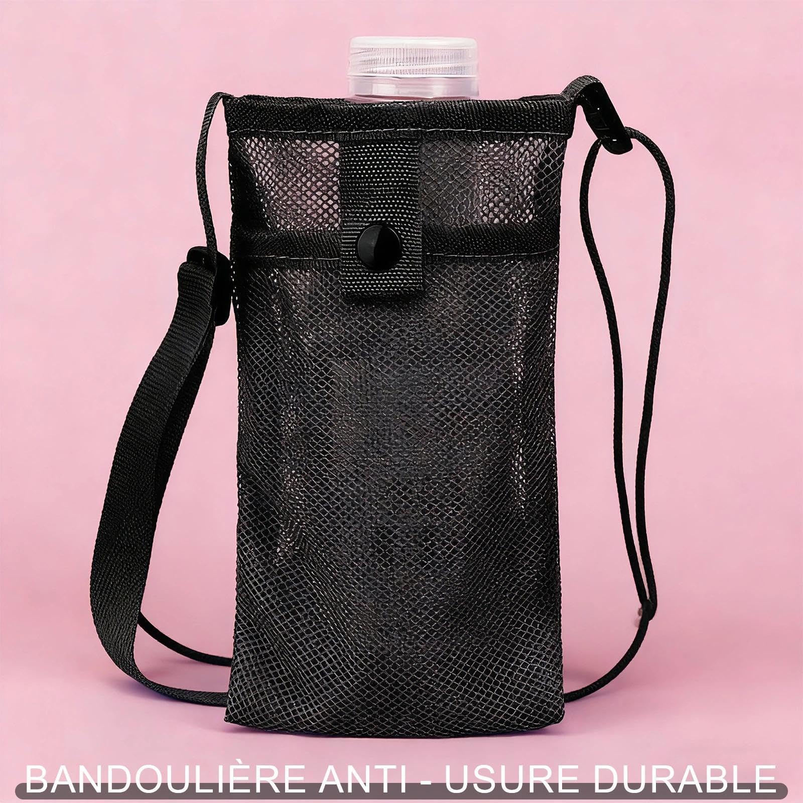 Sac de Bouteille d'eau en Filet, Porte Gourde Randonnée avec Bandoulière Réglable, pour Camping, Alpinisme (Schwarz, Rose)