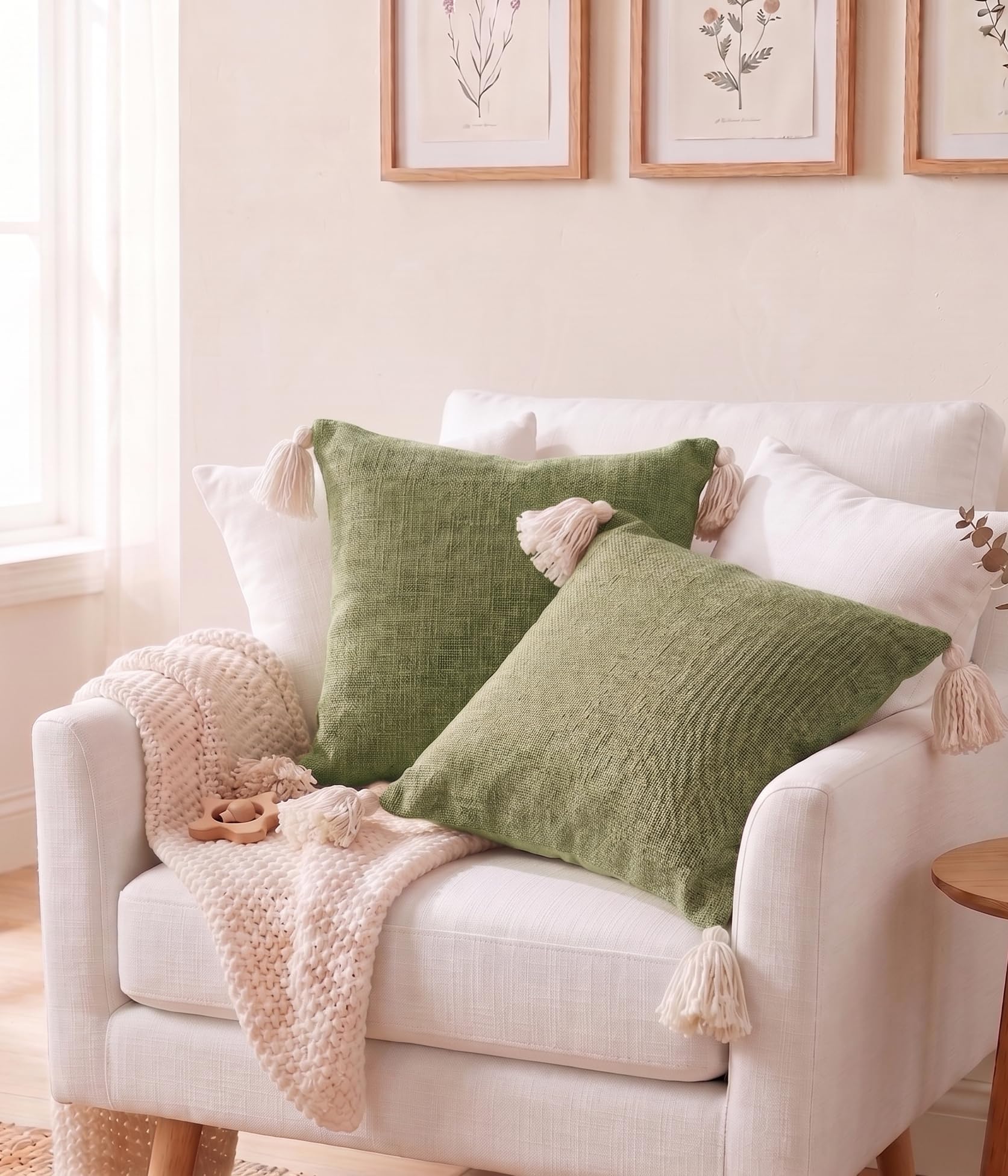 Furnistitchs Solid Boho Cushion Cover 16x16 Inches, Premium Natural Slub Fabric Throw Pillow Case with Tassels for Sofa, Couch, Living Room & Bedroom 40x40 cms, 2 pc - Sage Olive-image-44
