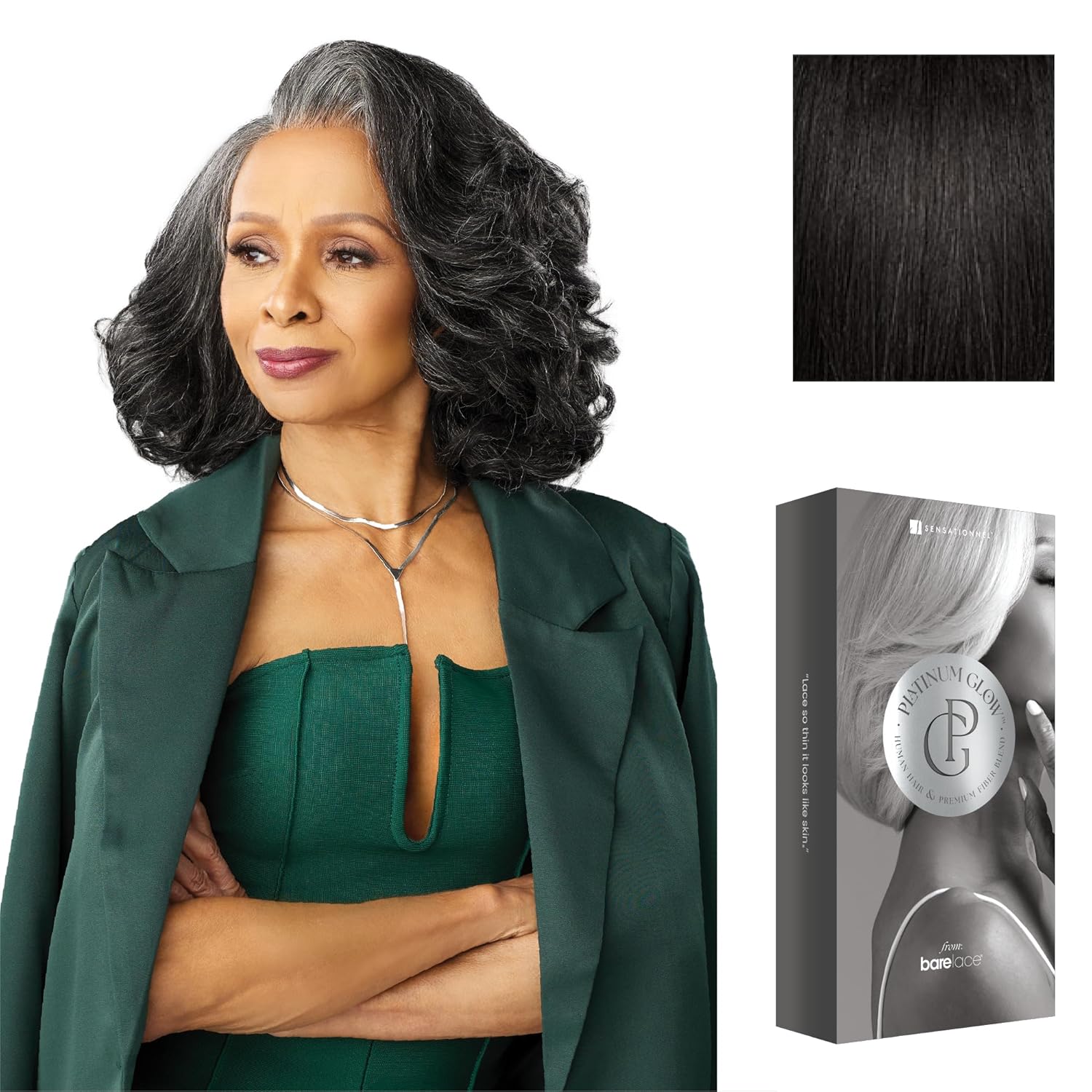 Sensationnel Platinum Glow 13X6 Wigs - Josephine Lacefrontal Glueless human hair blend Preplucked Hairline (1B OFFBLACK)