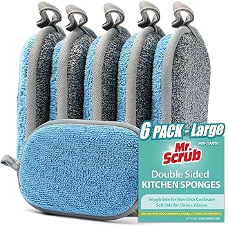 All-Purpose Sponges Kitchen, Non Scratch Dish Sponge for Washing Dishes Cleaning Kitchen, Rough Scrubbers Side for Non-Stick Cookware, Soft Microfiber Scrub Side for Dishes（6 Pack, Large）