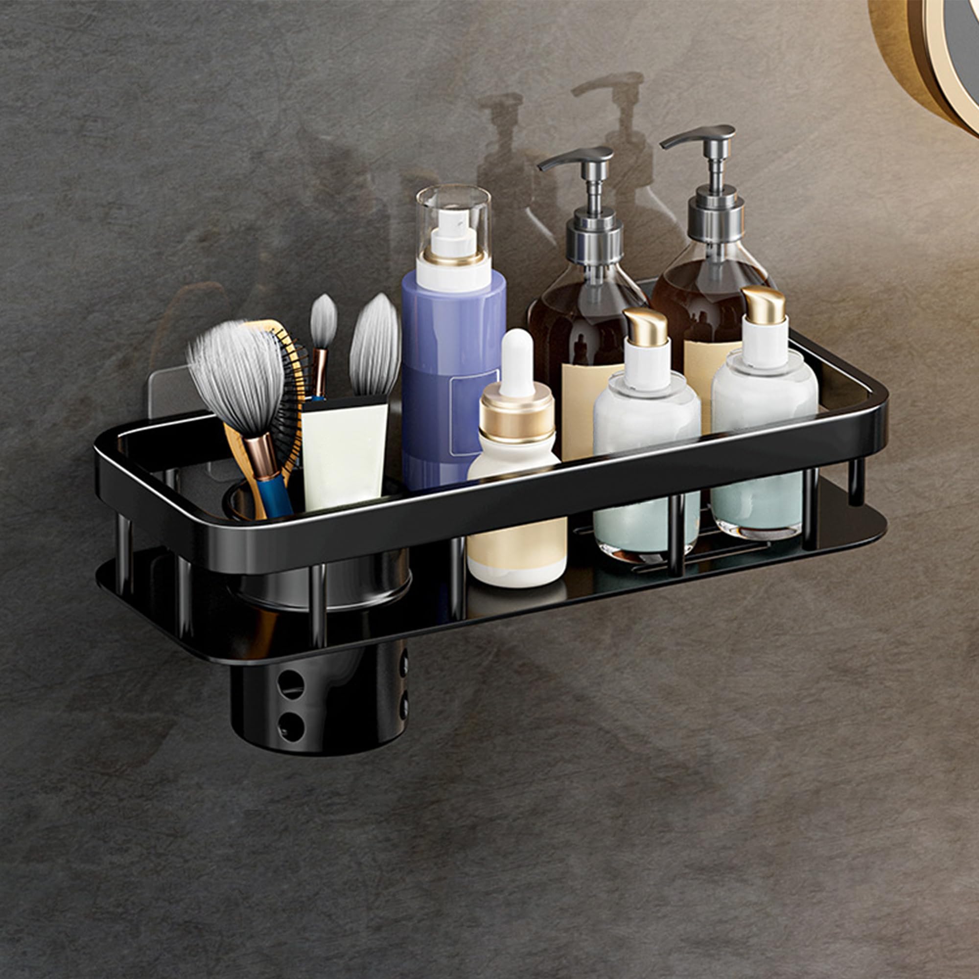 MIORAH Self Adhesive Bathroom Organizer with Tooth Brushholder– No Drill Wall Mounted Bathroom Shelves & Rack for Modern Space Saving Storage