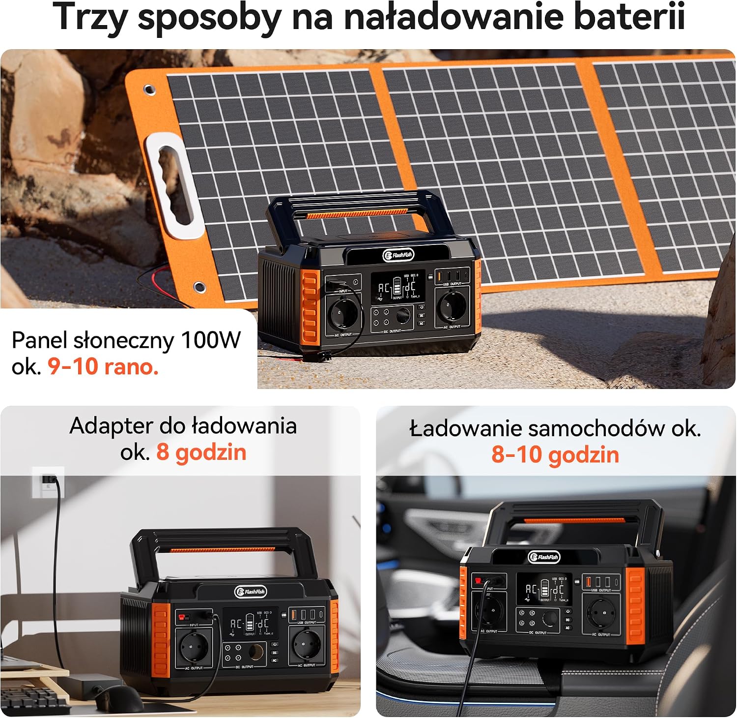 Three methods to charge FLASHFISH P60: solar panel, wall adapter, car charger