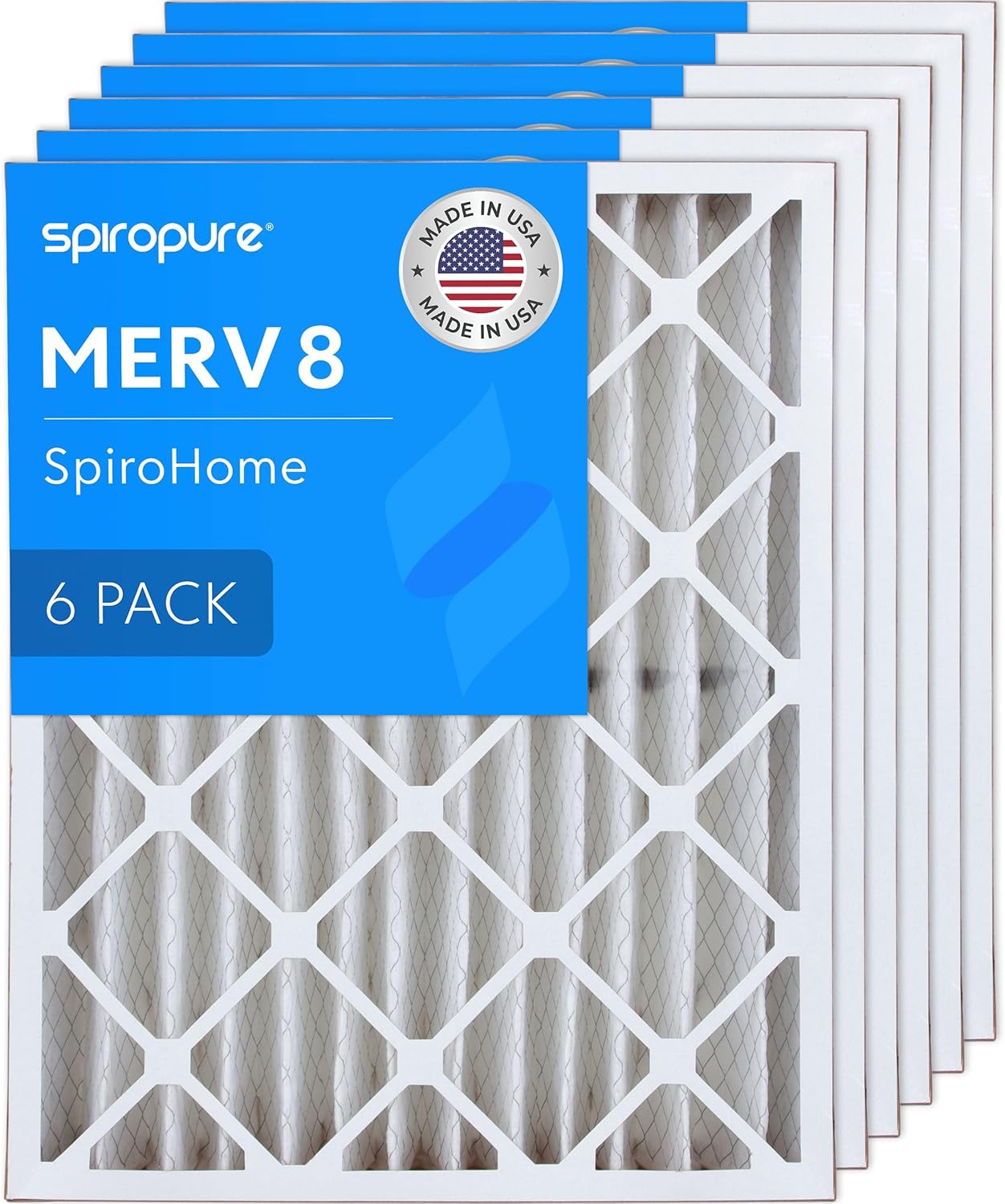 SpiroPure 16X20X4 MERV 8 Pleated Air Filters - Made in USA (6 Pack)