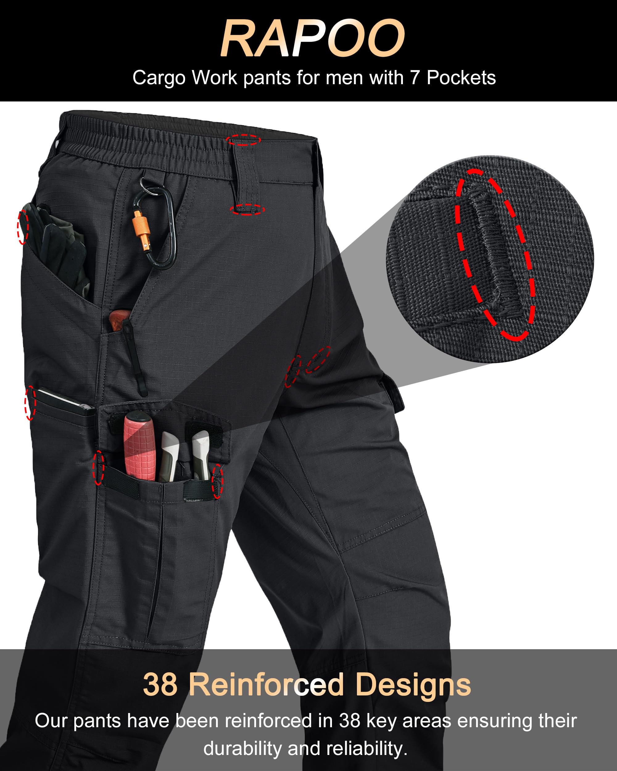 Rapoo Cargo Work Tactical Pants for Men Ripstop Elastic Waist Black 34Wx32L