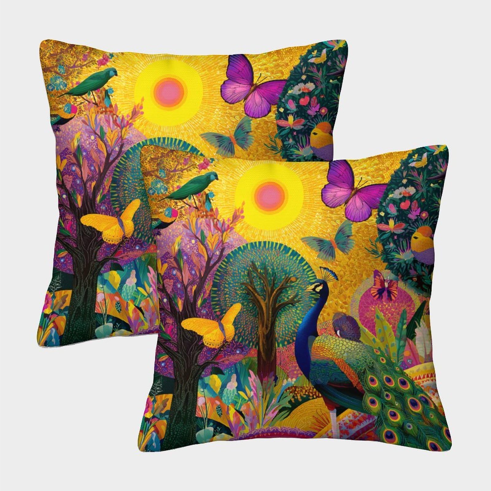 kaiyun 2 Pack Butterflies, The Sun, Trees, And Peacocks Personalised Cushion Cover Home Sofa Decoration 40x40cm Pillow Covers