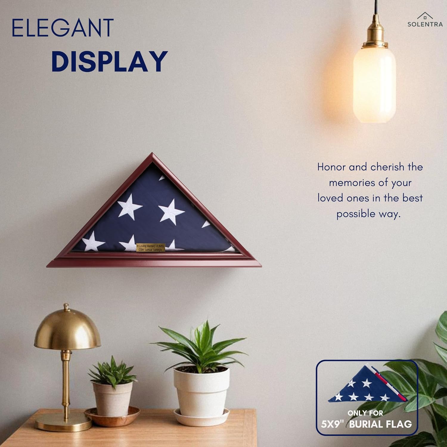 5x9 Burial Flag Display Case with Custom Name Plate – Cherry Color, Solid Wood Memorial Frame with Plexiglass Front, Freestanding or Wall Mount Flag Holder