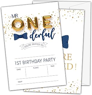 OICPYD Mr Onederful Birthday Invitations, 1st Birthday Party Invitations for Baby Boys, Kids Fill In Birthday Party Invites, Decorations, Favors, 20 Invitations with Envelopes (D07)