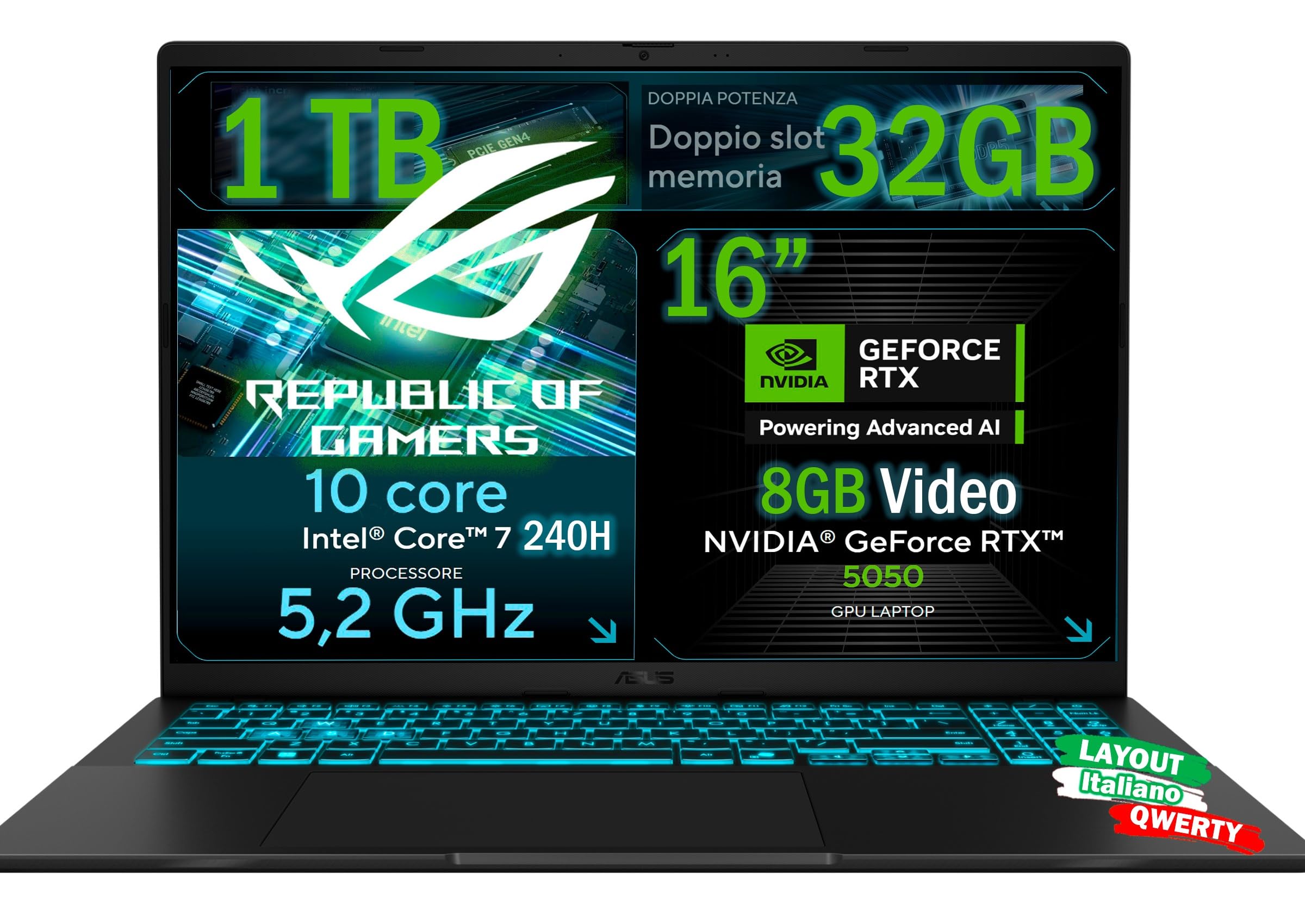 ASUS Notebook Gaming, CPU Intel Core 7 240H 5,2 GHz, RAM 32GB DDR5, SSD 1TB NVMe, NVIDIA GeForce RTX 5050 8GB, Display 16" FHD IPS, WiFi 6E, Tastiera Retroilluminata, Win 11 Pro, Portatile QWERTY
