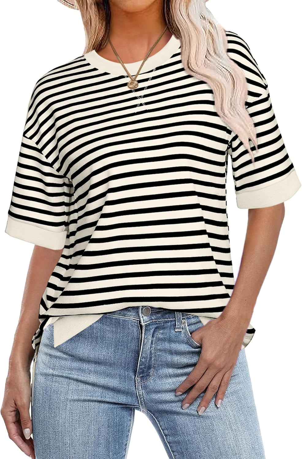 Glamaker Short Sleeve Lightweight Sweatshirt for Women Crewneck Striped Shirt Pullover Tops Loose Blouses