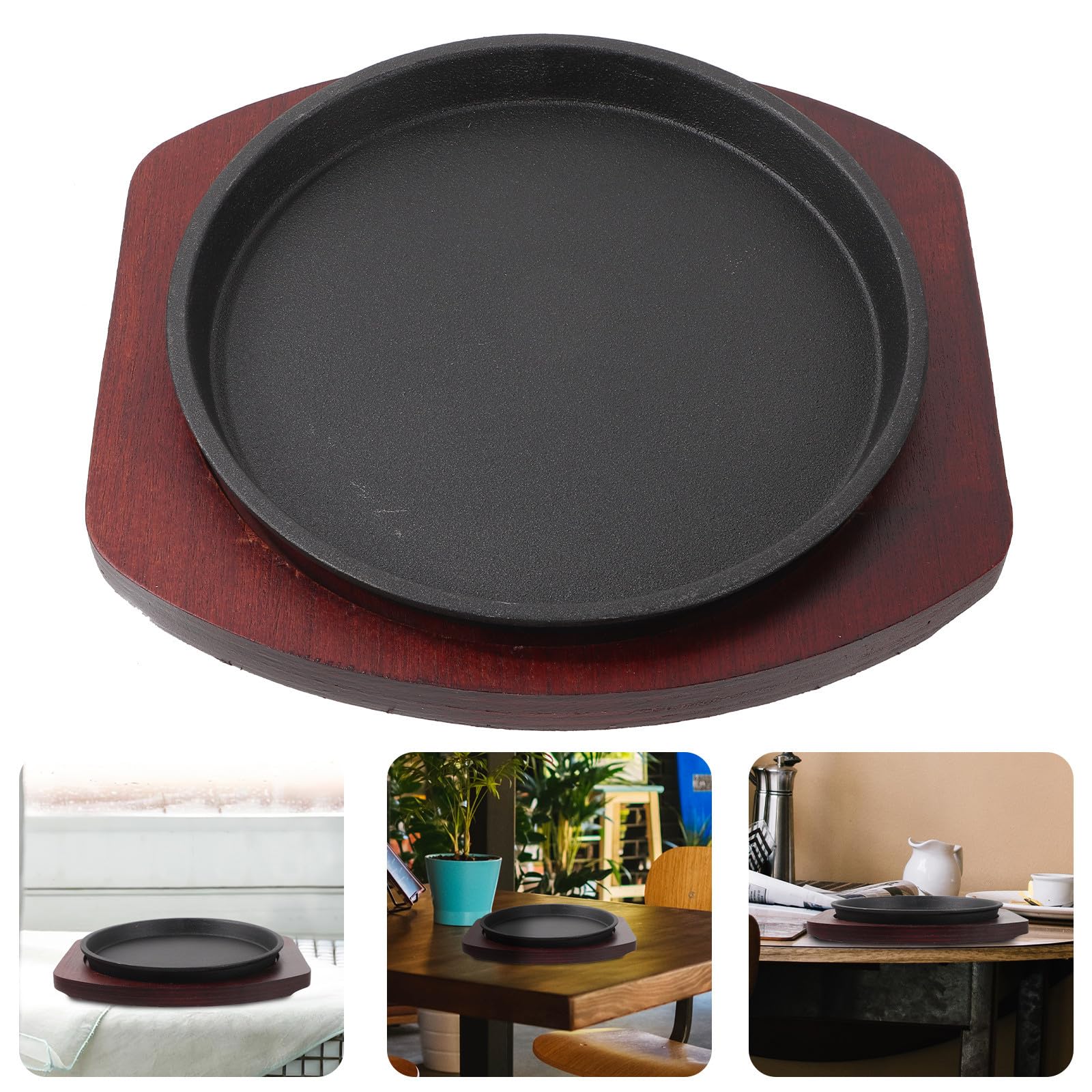 Assiette à Steak en Fer Épais Ronde 1 Set avec Base en Bois | Plat de Service Usage Maison Couleur Aléatoire Conserve la Chaleur Finition Antiadhésive pour Restaurant