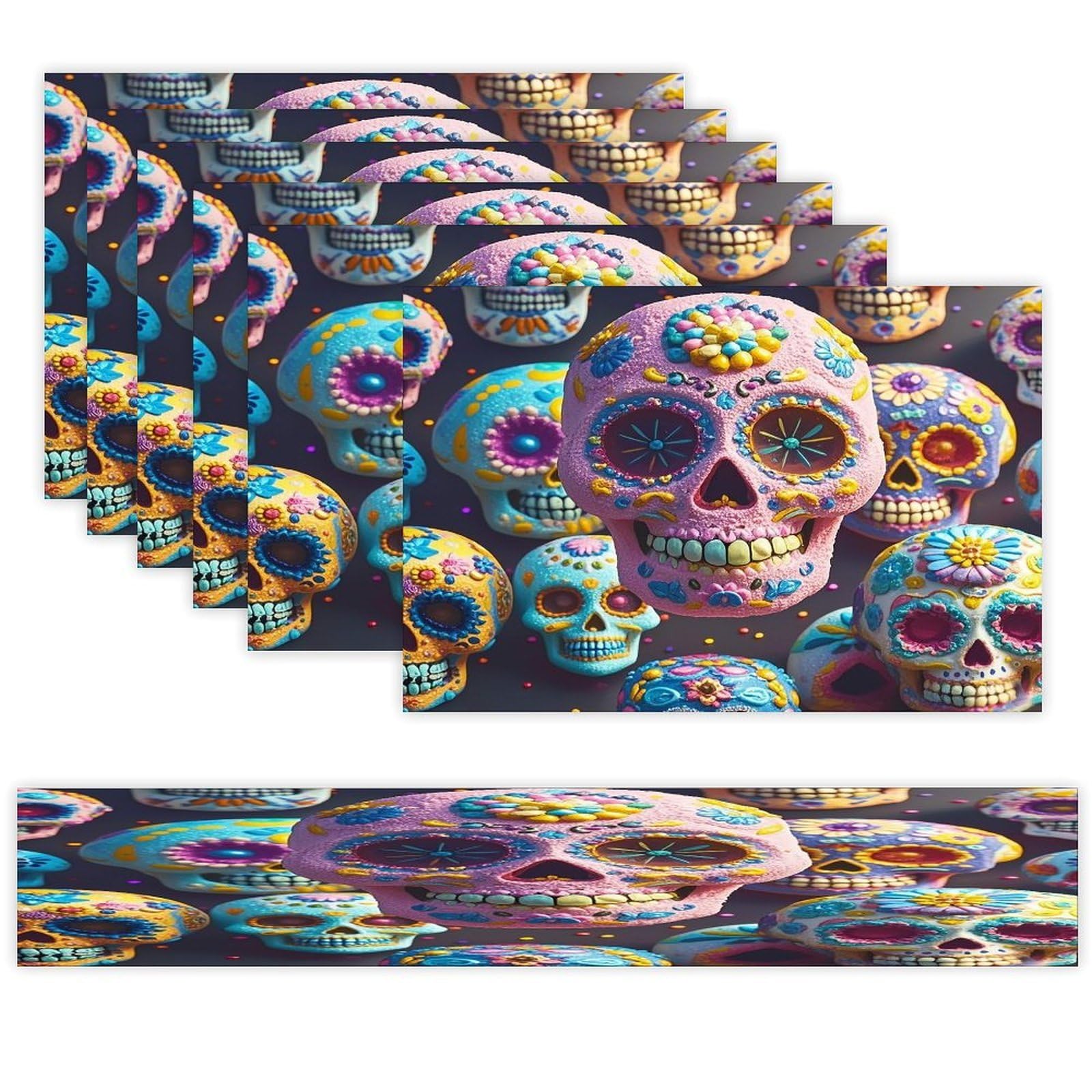 Sugar Skull Table Runner and Placemats Set of 6 Stain Resistant Heat Resistant Place Mats for Kitchen Dining Table Mats Long Table Runner Modern Art Dining Decor for Daily Use