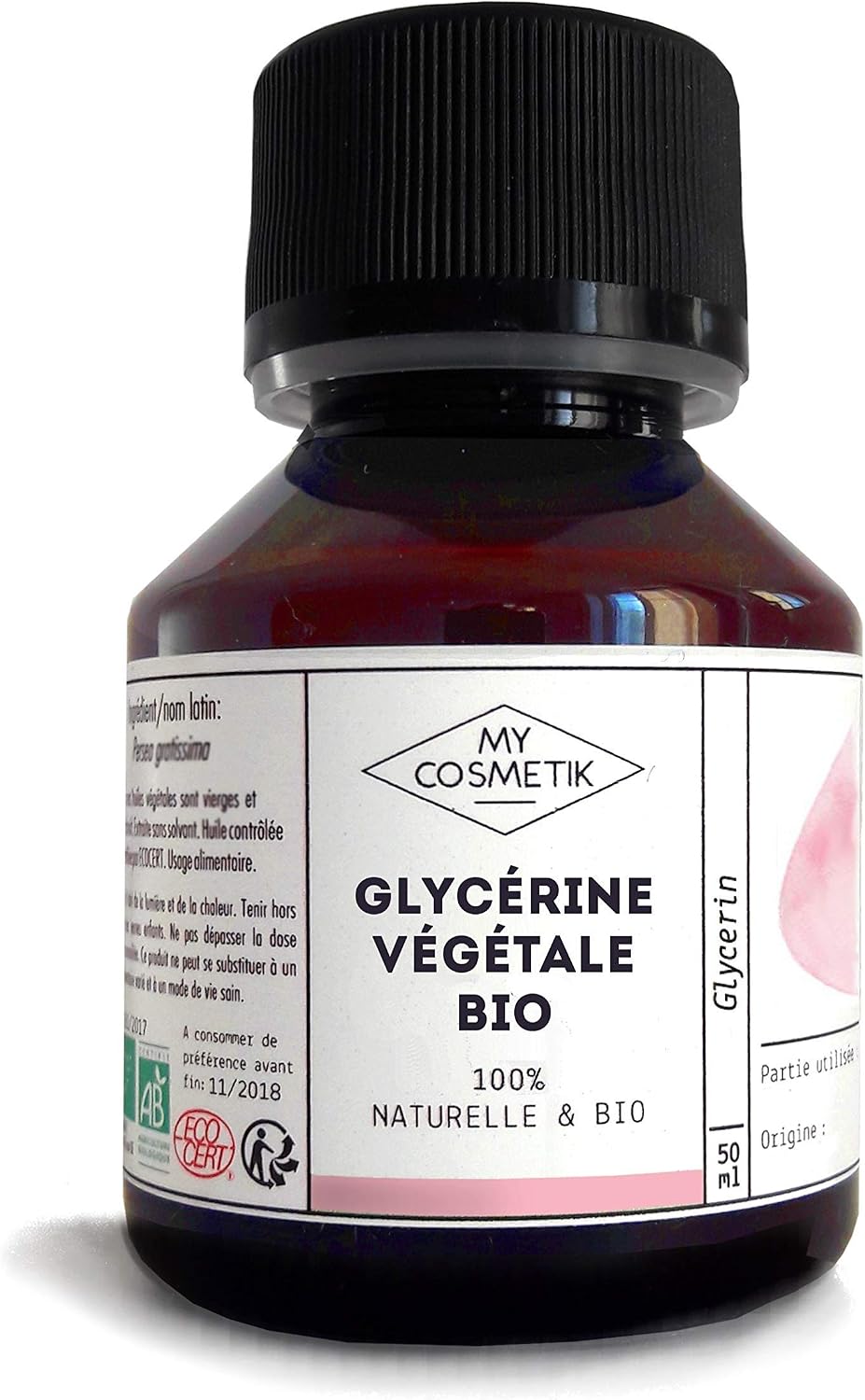 MY COSMETIK - Organic Vegetable Glycerine 100% Pure and Natural - Cosmetic Active Ingredient - Moisturising and Softening - 50 ml