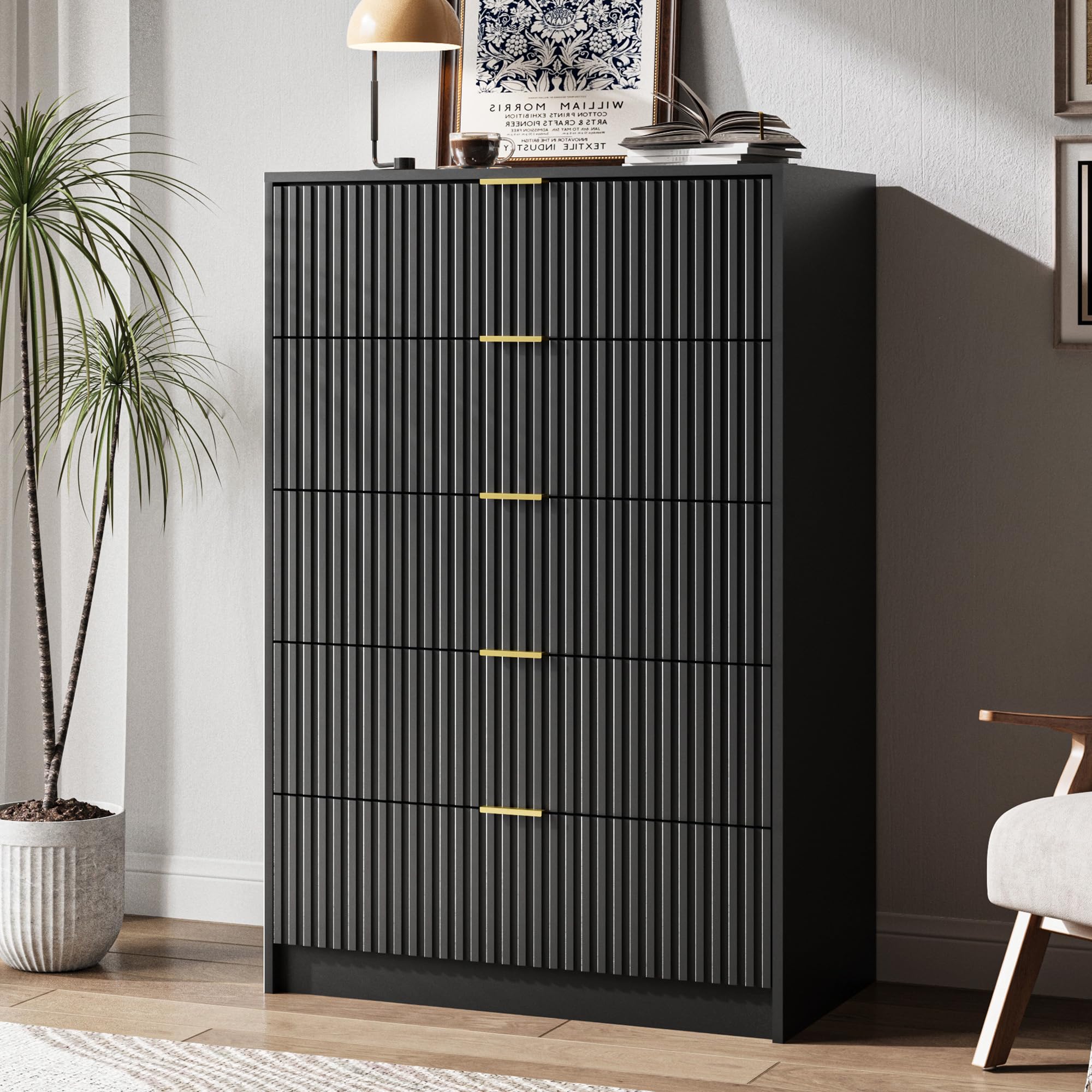 MAISONARIA 5 Drawer Dresser for Bedroom, Tall Dresser Chest of Drawers with Gold Handles, 32 Inch Wide Nightstand with for Bedroom, Living Rooms,