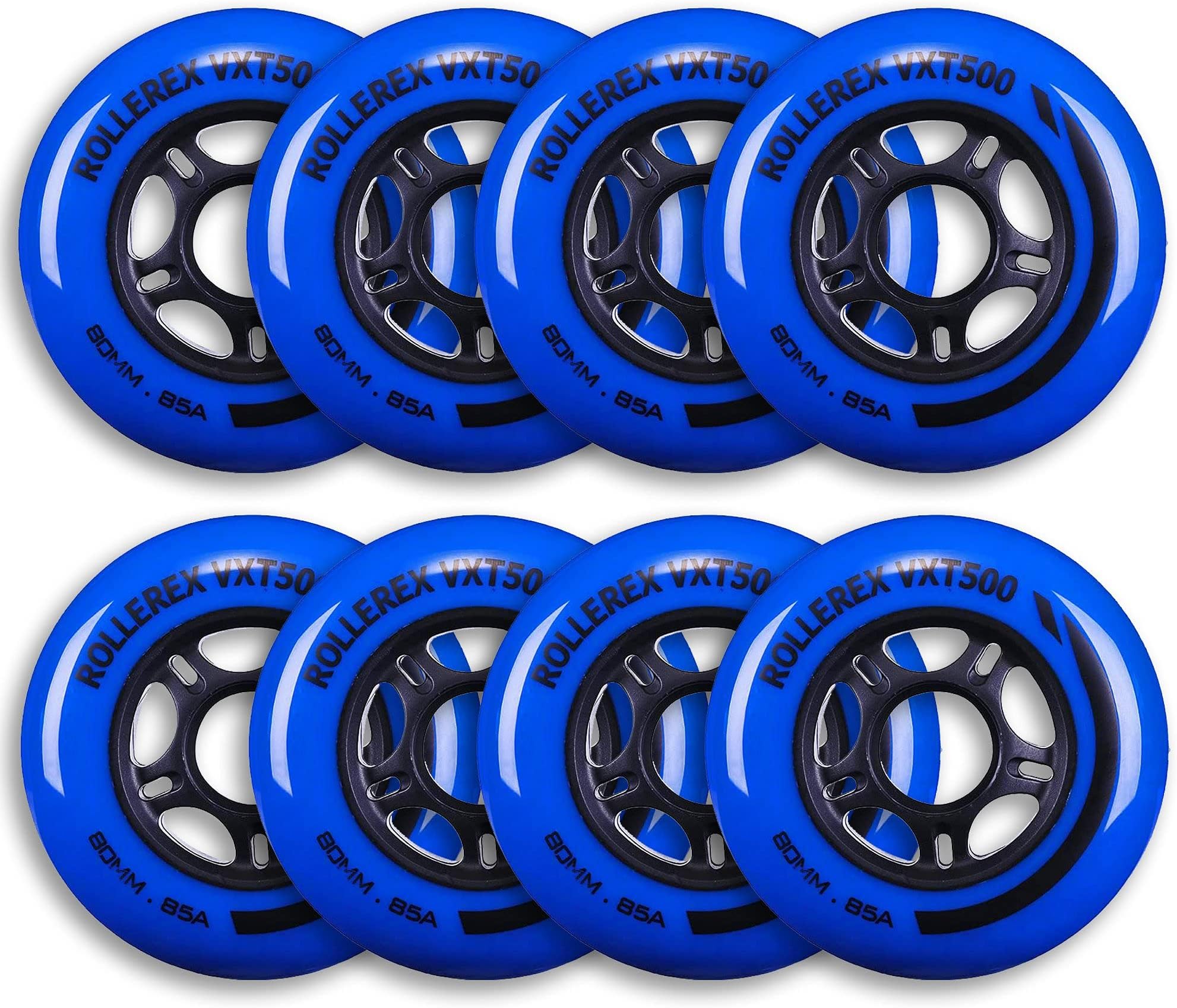 Rollerex VXT500 Inline Skate Wheels (8-Pack) (Various Size & Color Options Available) -Indoor Outdoor- Intended for Roller Blade Wheel Replacement