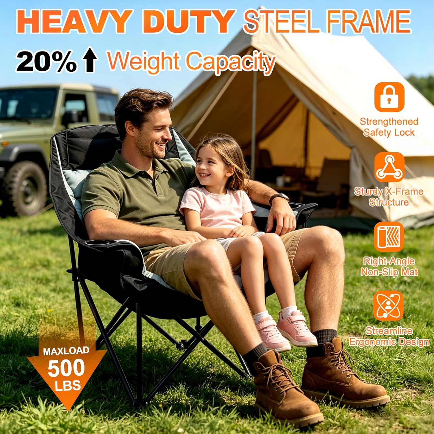 CypherX Oversized Camping Chairs for Adults - Heavy Duty Padded Outdoor Folding Lawn XL Camp Chair with Cup Holder Cooler Pockets for Outside Sports Beach Fishing Garden Portable Supports 500lbs