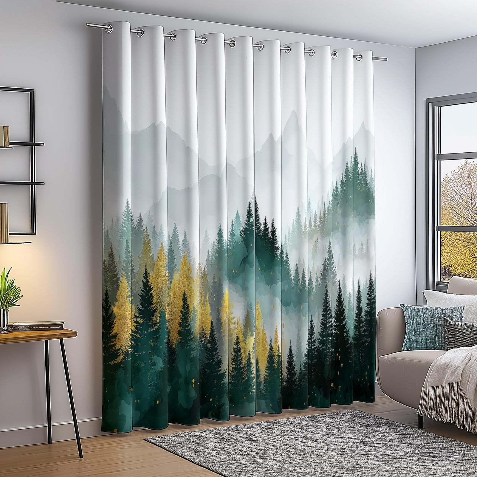 Generisch Abstrakt Aquarell Wald Gardinen vorhänge Blickdicht Mehrfarbig - Ideale Fensterlänge H215 x B100 cm (2er Pack) ohne Bodenkontakt, Thermo-Sichtschutz für Home-Office & Büro, Ösenvorhänge