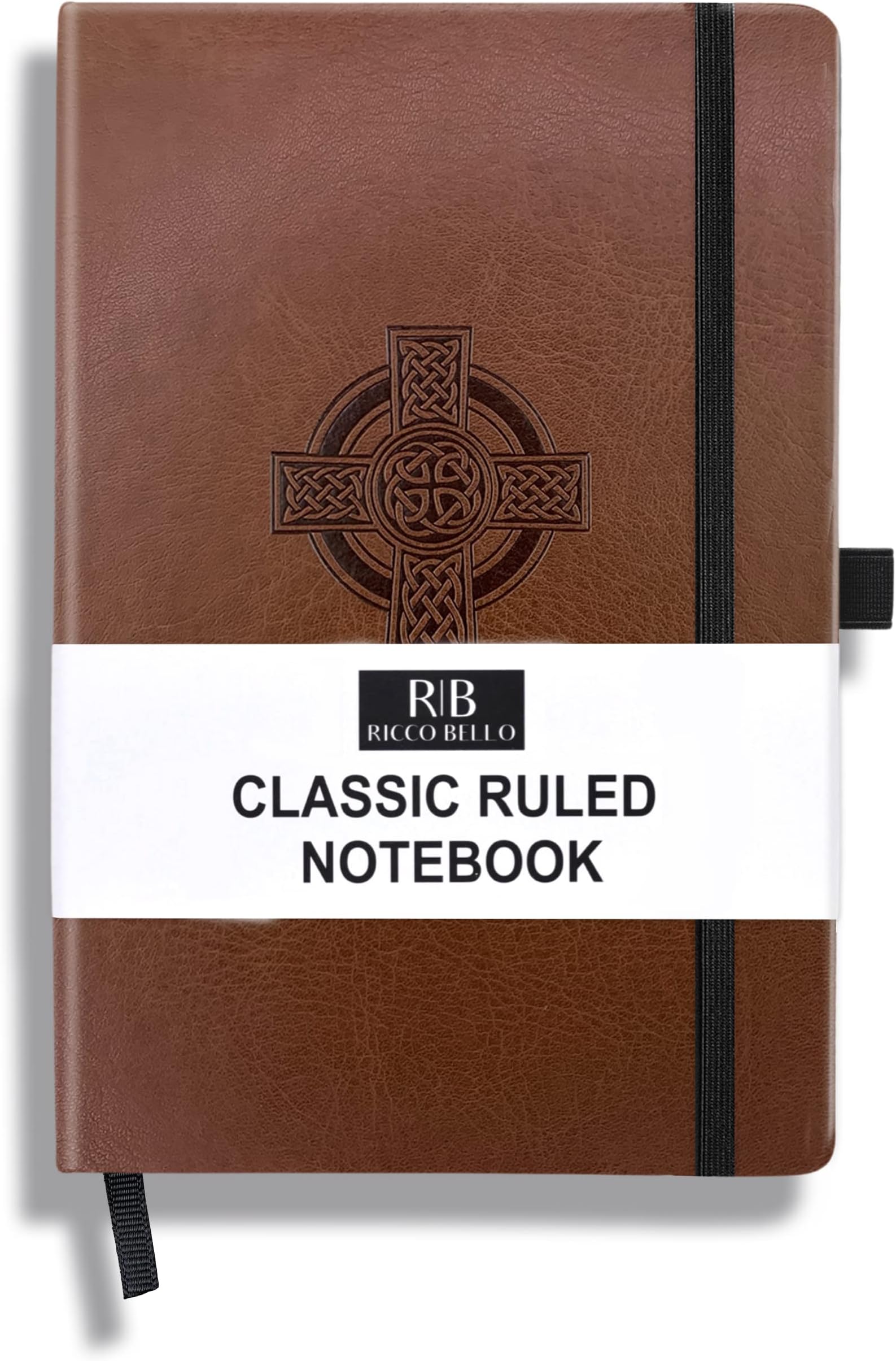 RICCO BELLO Lined Journal Notebook with Pen Holder, Faux Leather Hardcover, College Ruled, for Work, Notes | 96 Sheets /192 Lined Pages, 5.7 x 8.4-Inches (Celtic Cross)