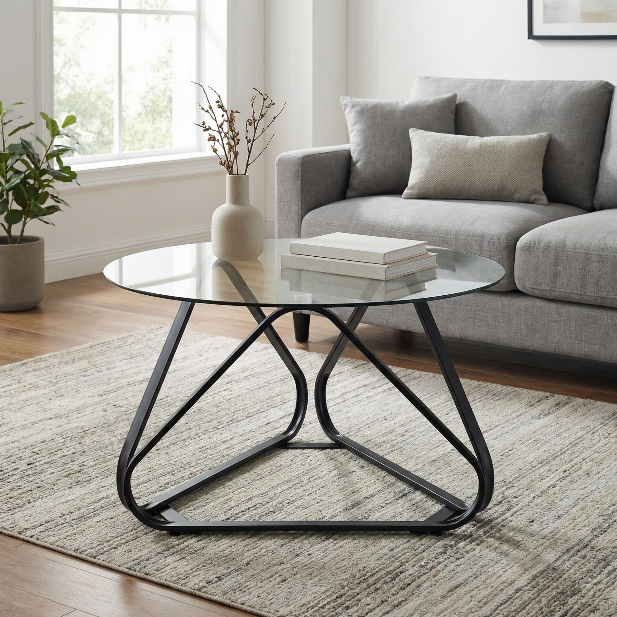 RELAX4LIFE Table Basse Ronde 80 CM en Verre Trempé, Table de Salon Ronde Transparente avec Cadre Métallique, Design Moderne Géométrique, Coussinets de Pied Réglables, pour Maison Appartement (Noir)