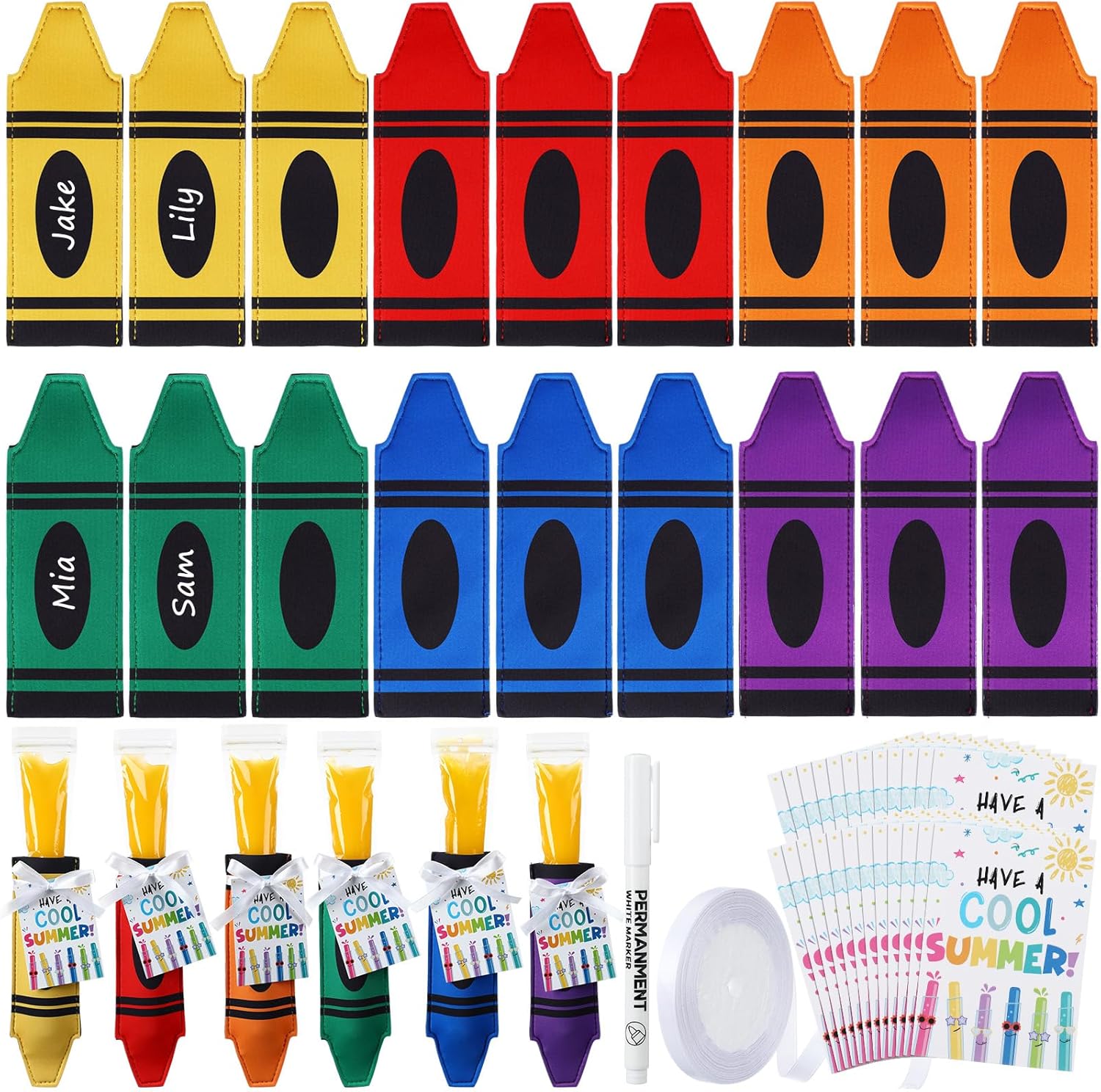 Potchen 24 Set Ice Pop Sleeves Reusable Colorful Freezer Neoprene Ice Sleeves Holder Bag with 24 Pcs Gift Cards 1 Roll Ribbon for Classroom Prizes Summer Birthday Party(Crayon)