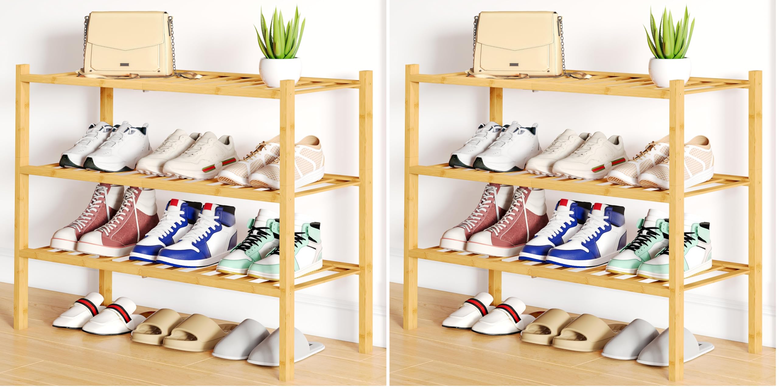 Smiry Shoe Rack, 3 Tier Bamboo Shoe Organizer, Stackable Free Standing Wooden Shoe Storage Shelf for Closet, Entryway, Front Door Entrance, Natural (Pack of 2)