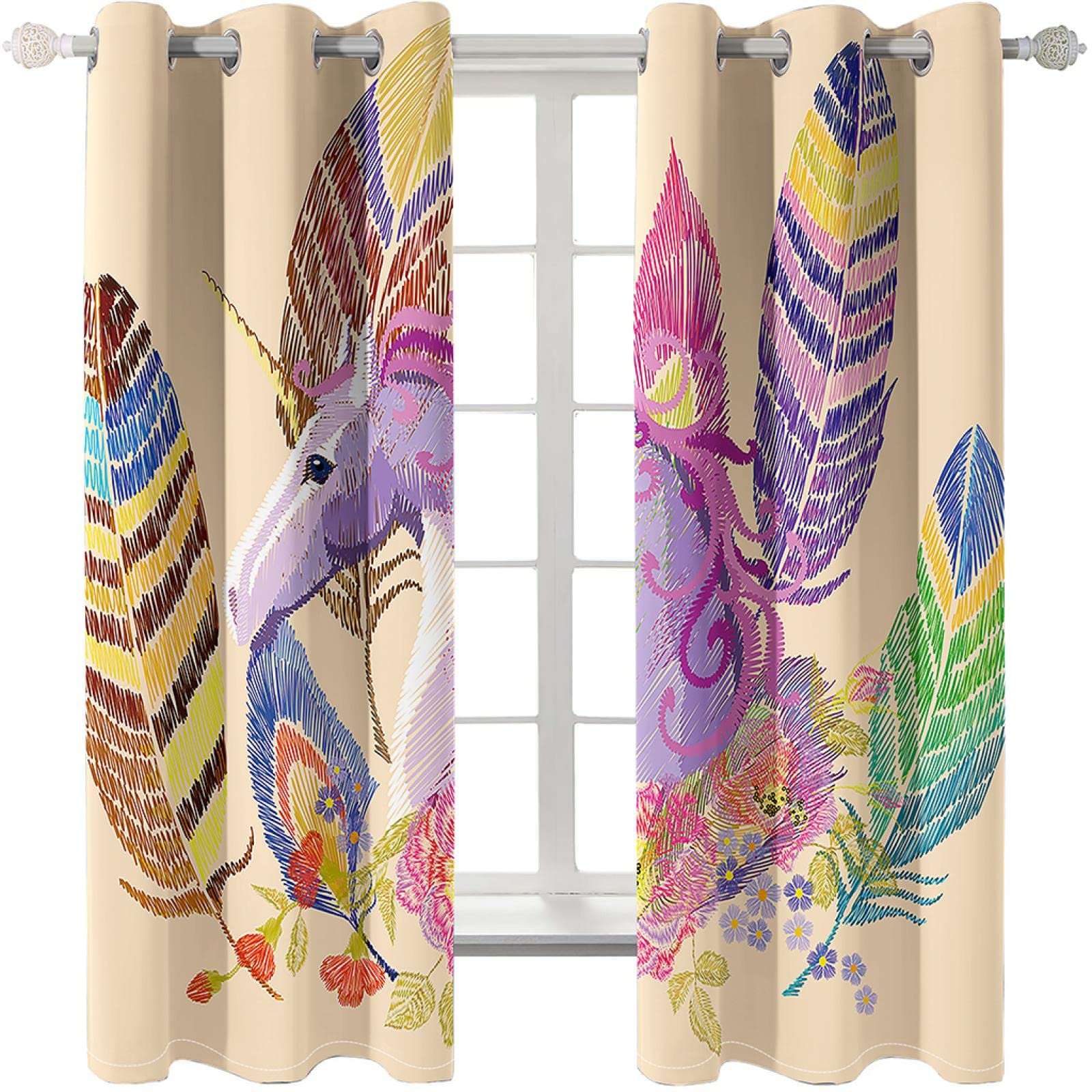 Rideaux occultants pour Enfants, Motif Licorne Violette, Plumes de Dessin animé, 140 x 140 cm, Isolation Thermique, Rideaux imprimés à œillets pour Chambre d'enfant, Lot de 2 Panneaux