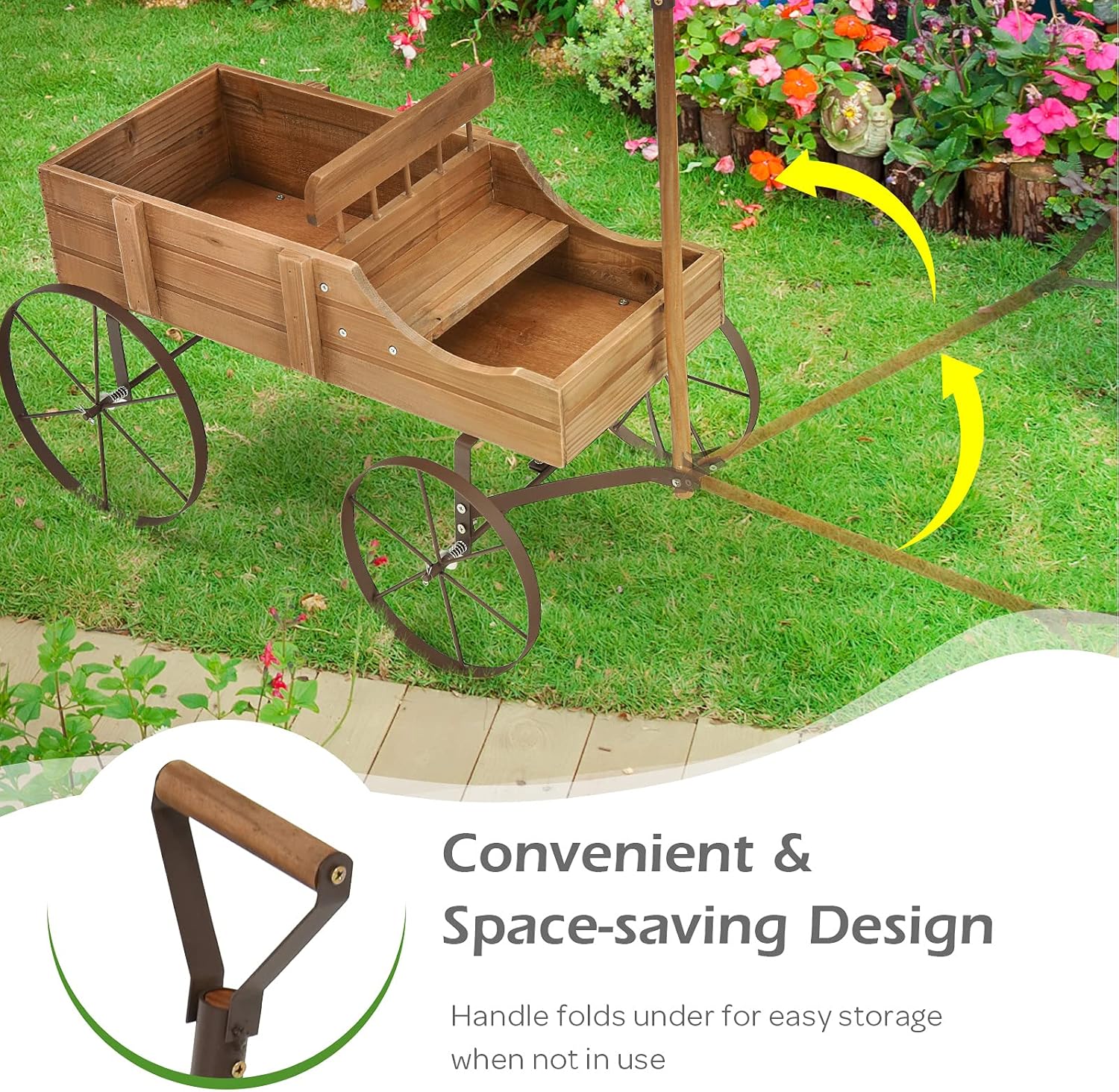 Giantex Decorative Garden Planter, Small Wagon Cart with Metal Wheels, Wood Raised Beds Plant Pot Stand for Backyard Garden Patio 24.5"x13.5"x24" (Natural)