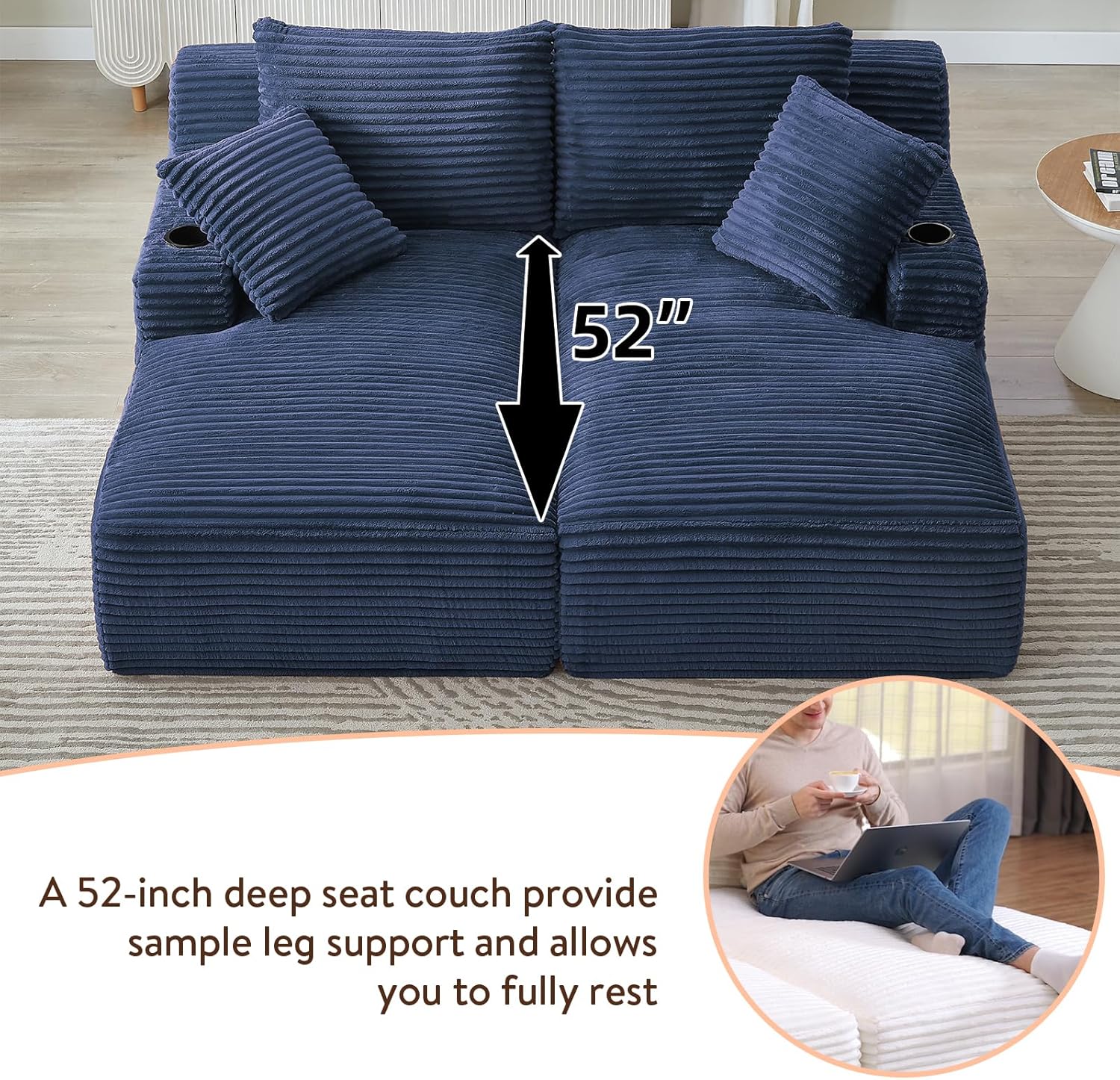Oversized Double Chaise Lounge Chair Indoor Fluffy Upholstered Corduroy Sofa Bed with Throw Pillows Comfy Sleeper Deep Seat Sectional Loveseat Sofa Couch for Living Room (Blue)