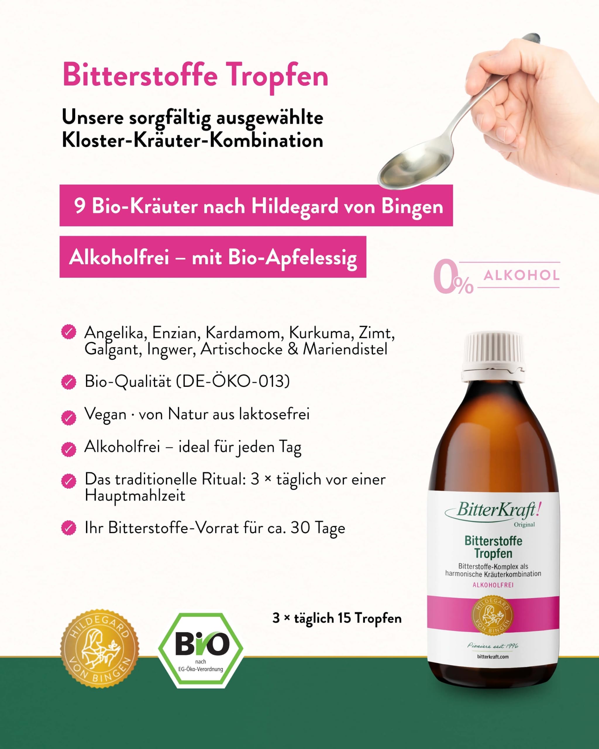 BitterKraft! Kräuterbitter alkoholfrei 200 ml – Bio Bitterstoffe mit 9 Kräutern - Hildegard von Bingen – vegan & ohne Zusatzstoffe – Verdauungsfördernd - hochdosiert - 100 % Natur – Made in Germany
